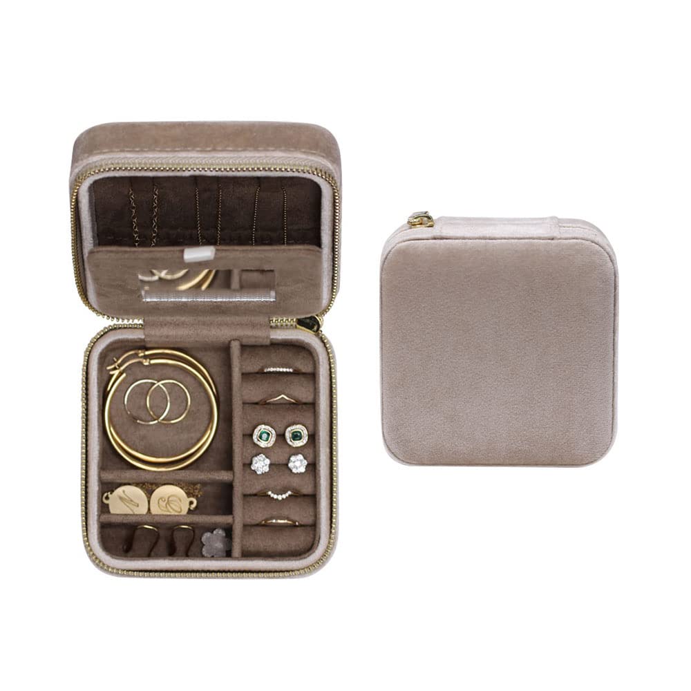 Velvet Travel Jewelry Organizer with Mirror - Portable Ring, Earring & Necklace Storage Case for Women (Beige) | Perfect for Vacation, Business Trips & Daily Use
