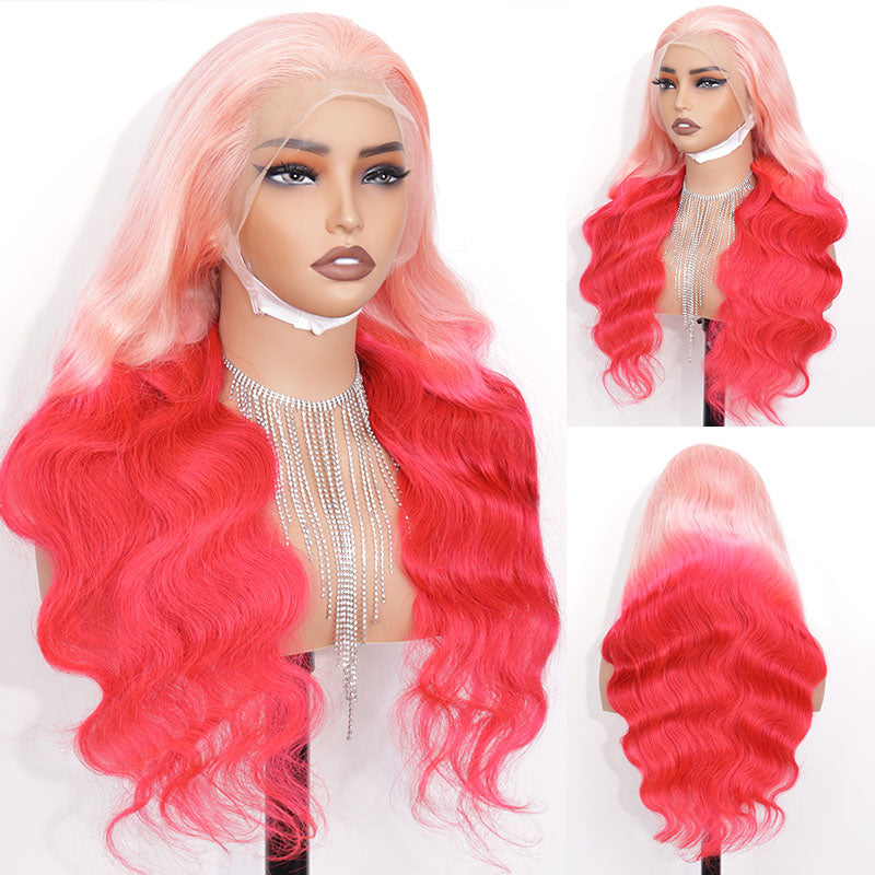 Eullair Ombre Pink Red Body Wave Lace Front Wig - 2-Tone Human Hair Lace Wig for Women | Natural Look for Parties, Cosplay & Daily Wear
