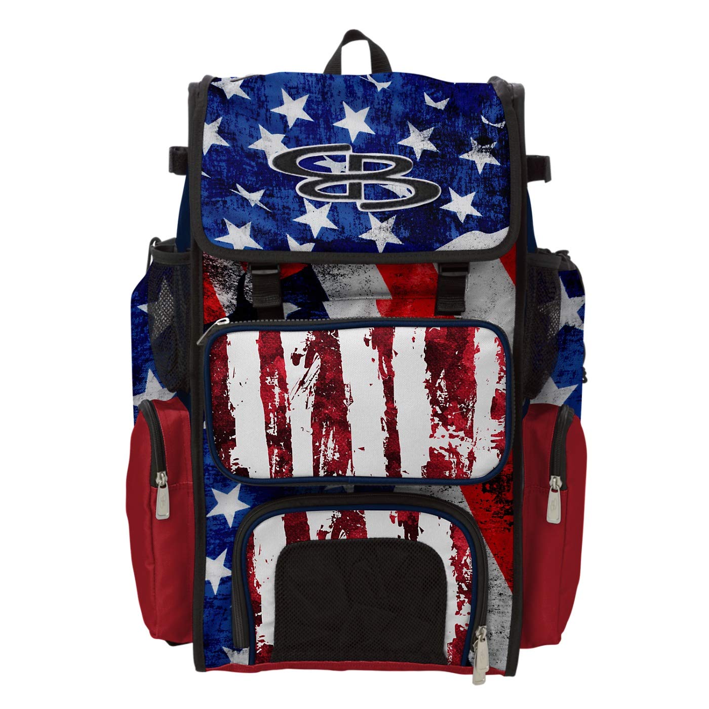 Boombah Superpack Baseball Bat Backpack - Holds 4 Bats, No Wheels, USA Stars & Stripes Navy/Red/White Design - Perfect for Baseball Practice, Games & Travel