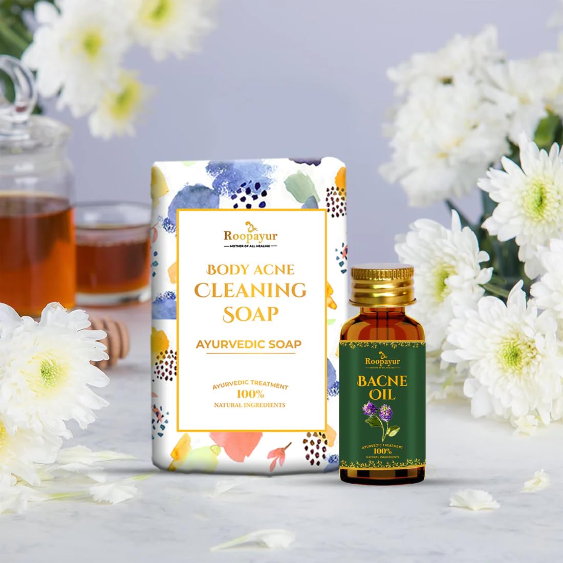Roopayur Body Acne Cleansing Soap & Bacne Oil Combo Set - Treats Back Acne, Chest & Shoulder Breakouts - Natural Skincare for Clear Skin at Home & Gym