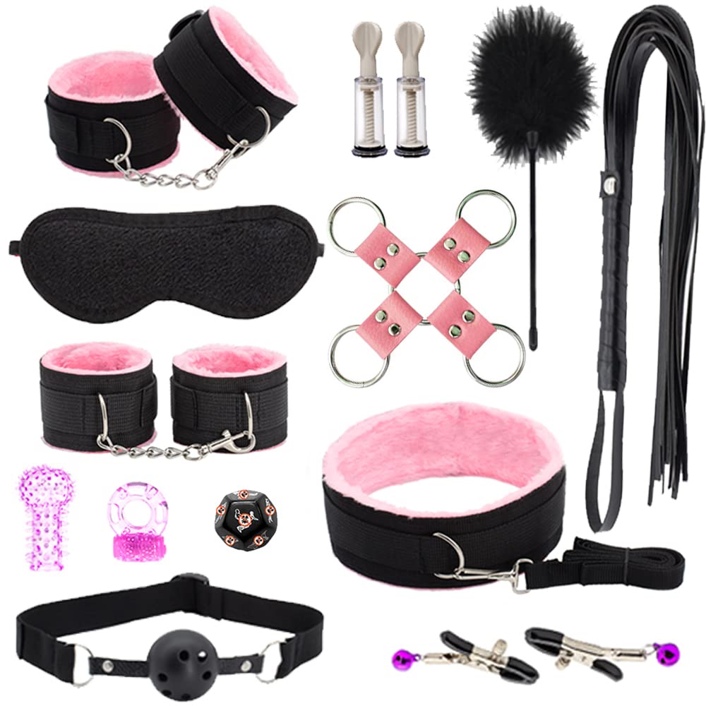 Premium BDSM Bondage Kit - Adjustable Handcuffs, Collar, Ankle Cuffs, Blindfold & Feather Tickler - 32-Piece Adult Toy Set for Couples (Pink) - Perfect for Spicing Up Bedroom Play & Role-Playing Scenarios