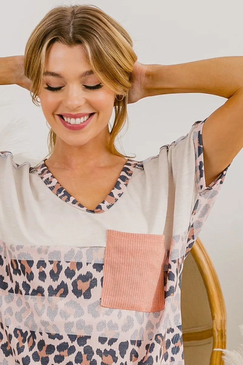 BiBi Leopard Stripe Slub Terry Color Block T-Shirt for Women | Trendy Casual Tee for Everyday Wear, Street Style & Outfits
