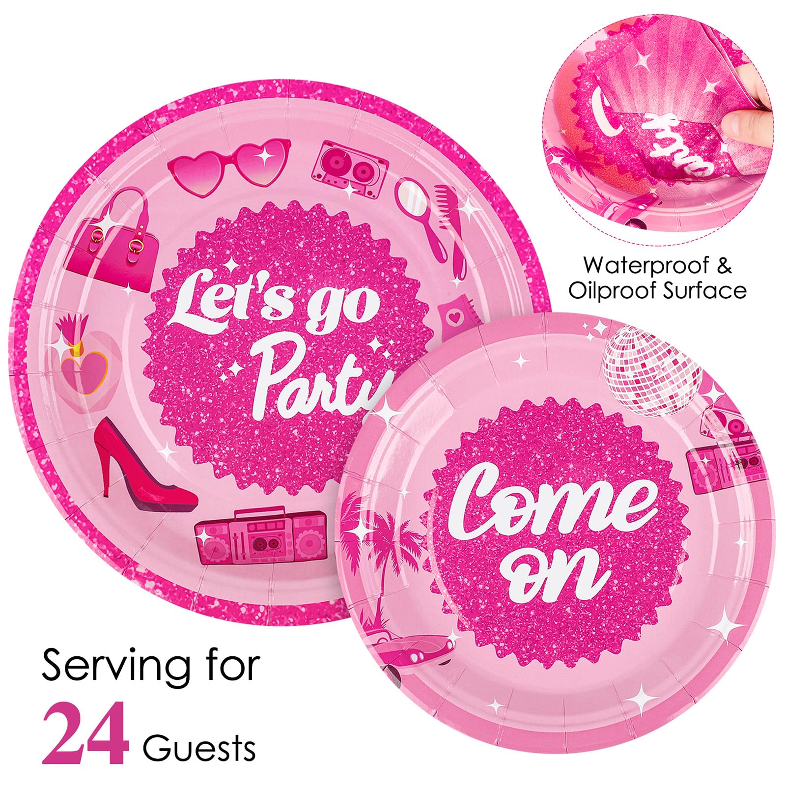96-Piece Let's Go Party Supplies Set - Hot Pink Disposable Plates, Napkins & Forks for 24 Guests | Bachelorette, Birthday & Disco Party Decorations | Perfect for Girls' Birthday Parties & Celebrations