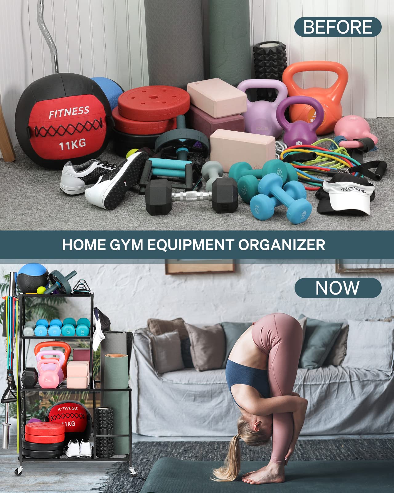 Dumbbell Rack with Wheels & Hooks - Heavy Duty Gym Storage Stand for Weight Plates, Home Workout Equipment Organizer | Perfect for Yoga Mat Storage, Strength Training Gear & Compact Home Gym Setup