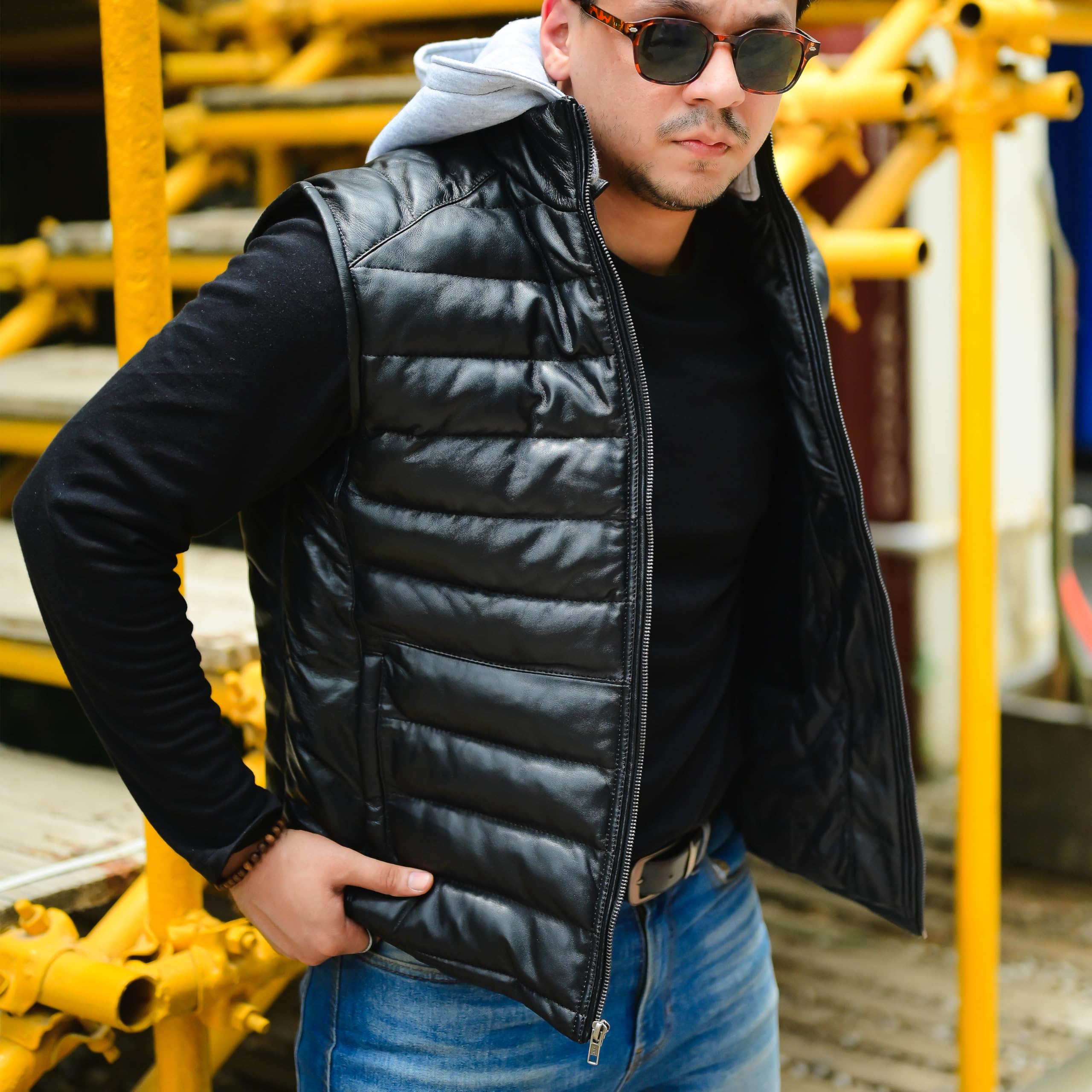 Jild Lambskin Leather Puffer Vest with Removable Hood - Stand Collar Sleeveless Jacket for Men | Winter Fashion, Outdoor Activities & Casual Wear