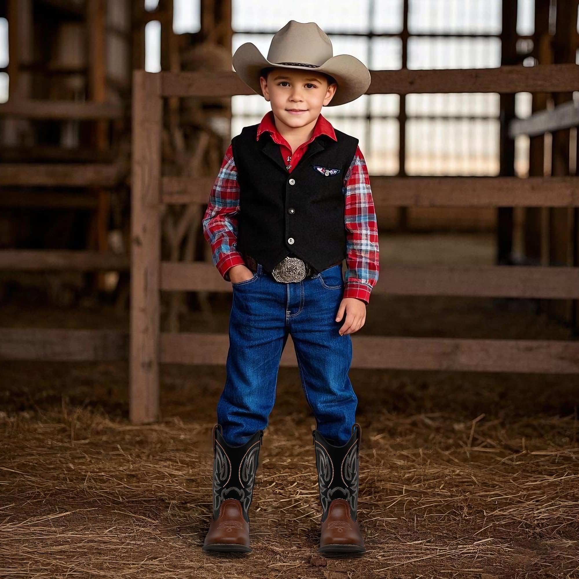 Blikcon Kids Cowboy Boots for Boys & Girls - Embroidered Square Toe Western Rodeo Boots with Side Zipper | Toddler, Little Kid & Big Kid Sizes | Perfect for Rodeo, Cowboy Parties & Western Fashion