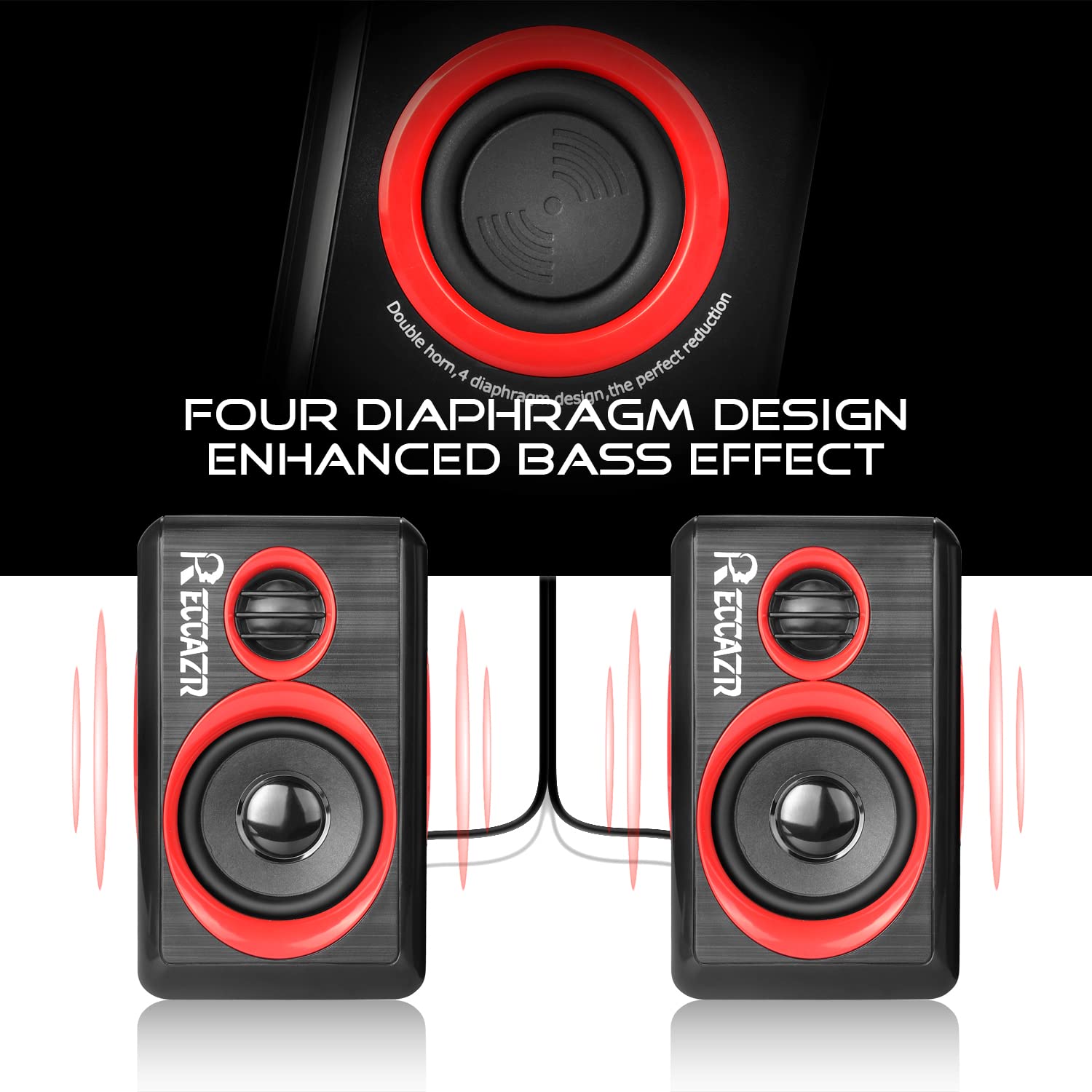RECCAZR SP2040 USB 2.0 Wired Computer Speakers with Deep Bass - 4 Diaphragm Multimedia Speakers for PC, Laptop, Desktop, TV & Smartphone (Red) | Perfect for Gaming, Home Theater & Music Listening