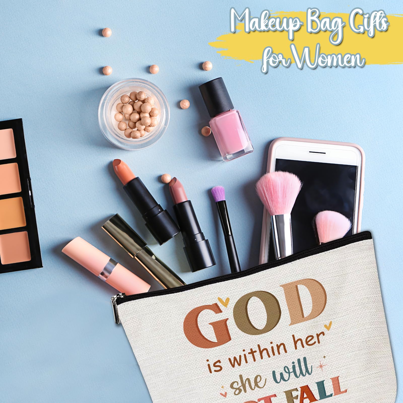 Christian Makeup Bag for Women - Bible Verse Cosmetic Pouch with 'God is Within Her She Will Not Fall' Design, Religious Faith Gift for Sister & Friends - Perfect for Birthday, Christmas & Daily Devotional Use