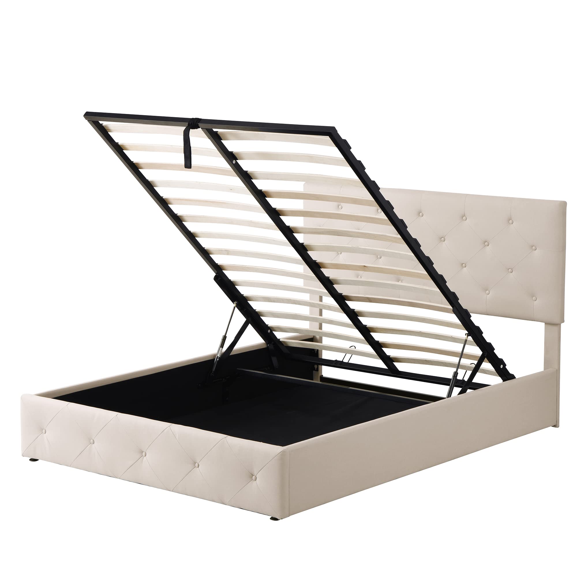 Queen Size Upholstered Platform Bed Frame with Gas Lift Storage & Tufted Headboard - Hydraulic Storage System, Wooden Base, Beige Fabric - Perfect for Small Bedrooms, Guest Rooms & Space-Saving Solutions
