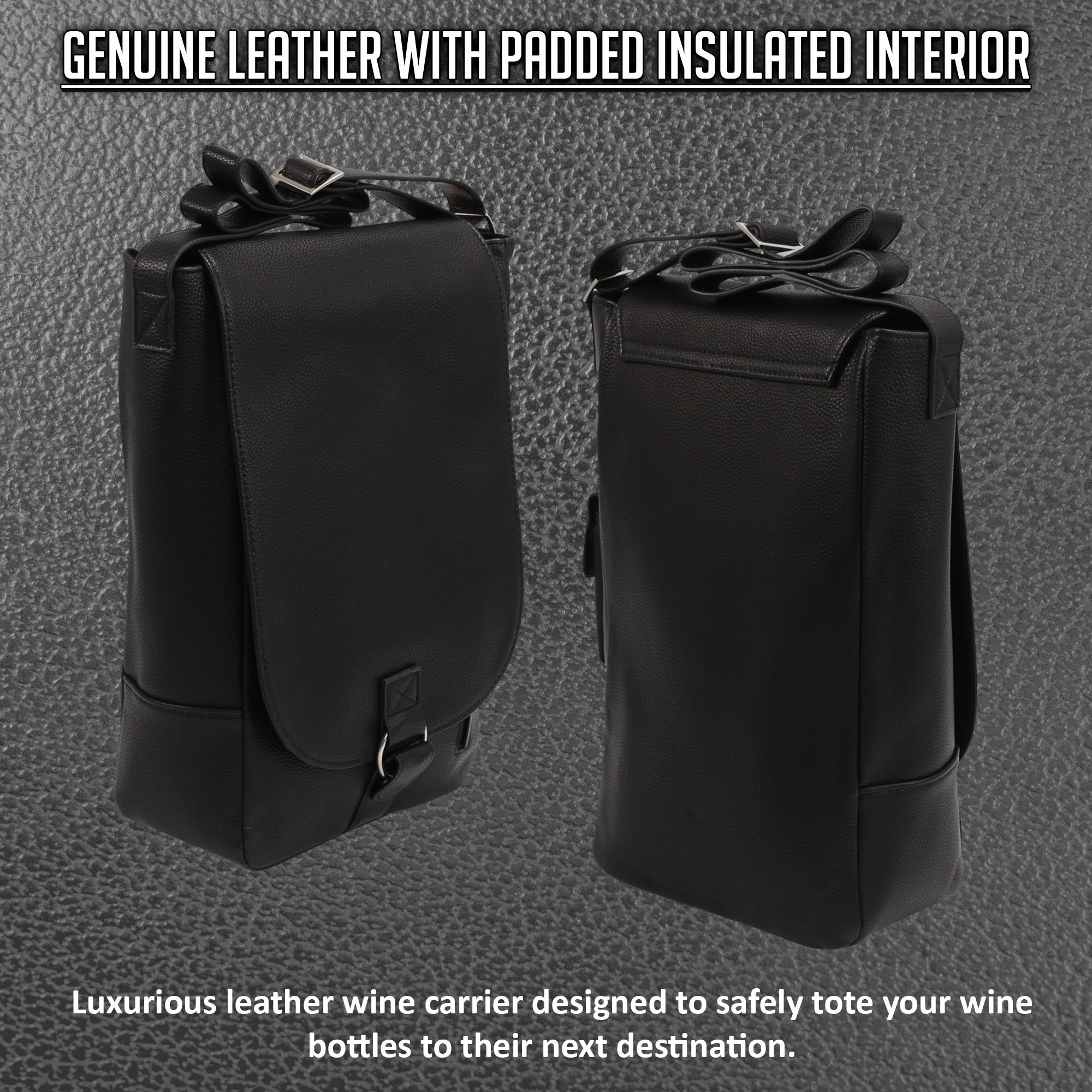 Premium Vino2 Two-Bottle Saddle Leather Wine Tote Bag - Stylish Messenger Carrier for Wine Bottles (Black) | Perfect for Picnics, Parties & Gifts