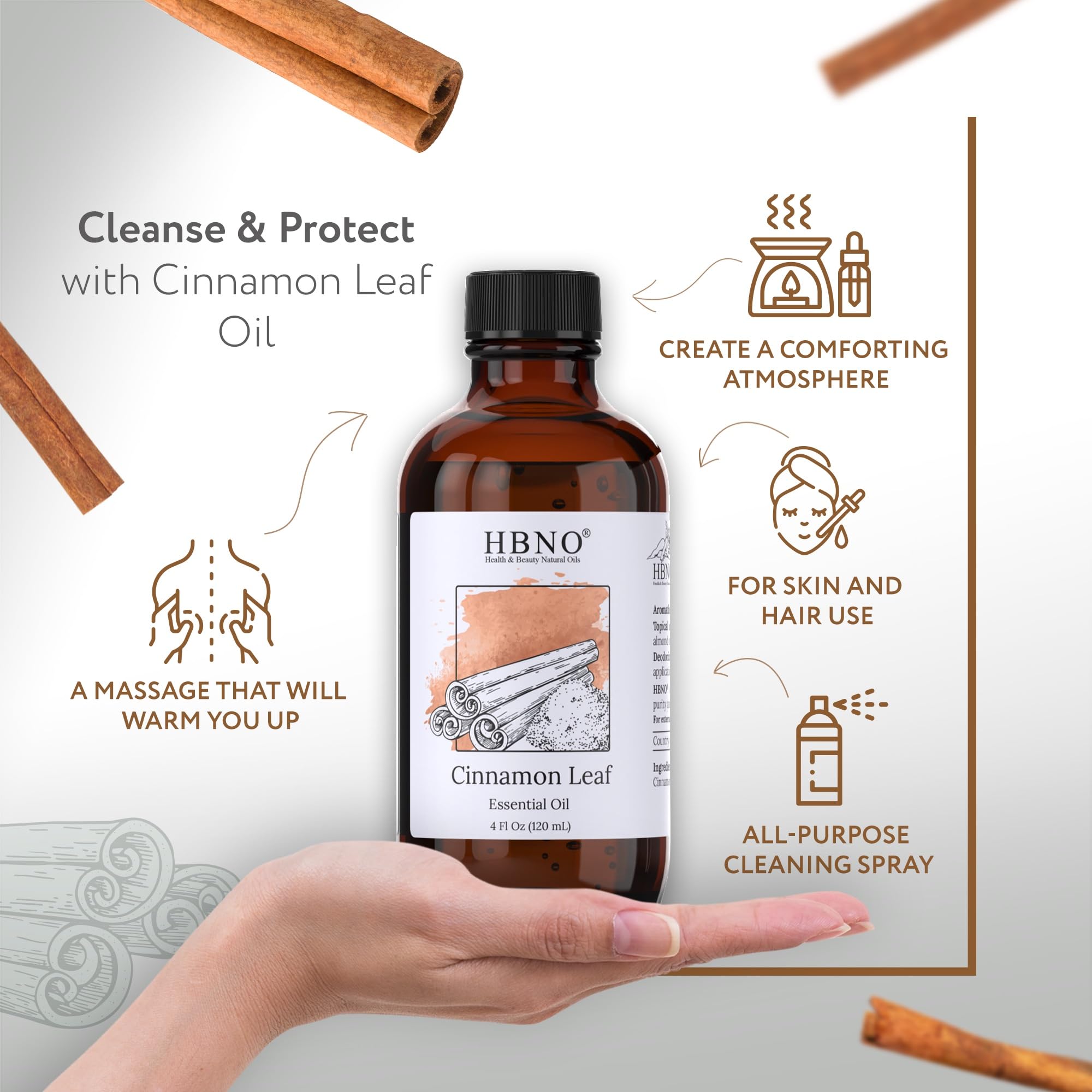 HBNO California 100% Pure Cinnamon Leaf Essential Oil 4 fl oz (120ml) - Natural Aromatherapy Oil for Diffusers, DIY Soap Making, Home Cleaning & Relaxation - Best for Spa, Massage & Holiday Scent Blending