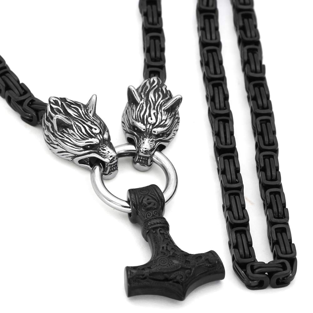 Viking Necklace for Men - Stainless Steel Wolf Mjolnir Pendant with Valknut Symbol - Durable Norse Jewelry Gift for Him - Perfect for Viking Lovers, Cosplay & Medieval Reenactments