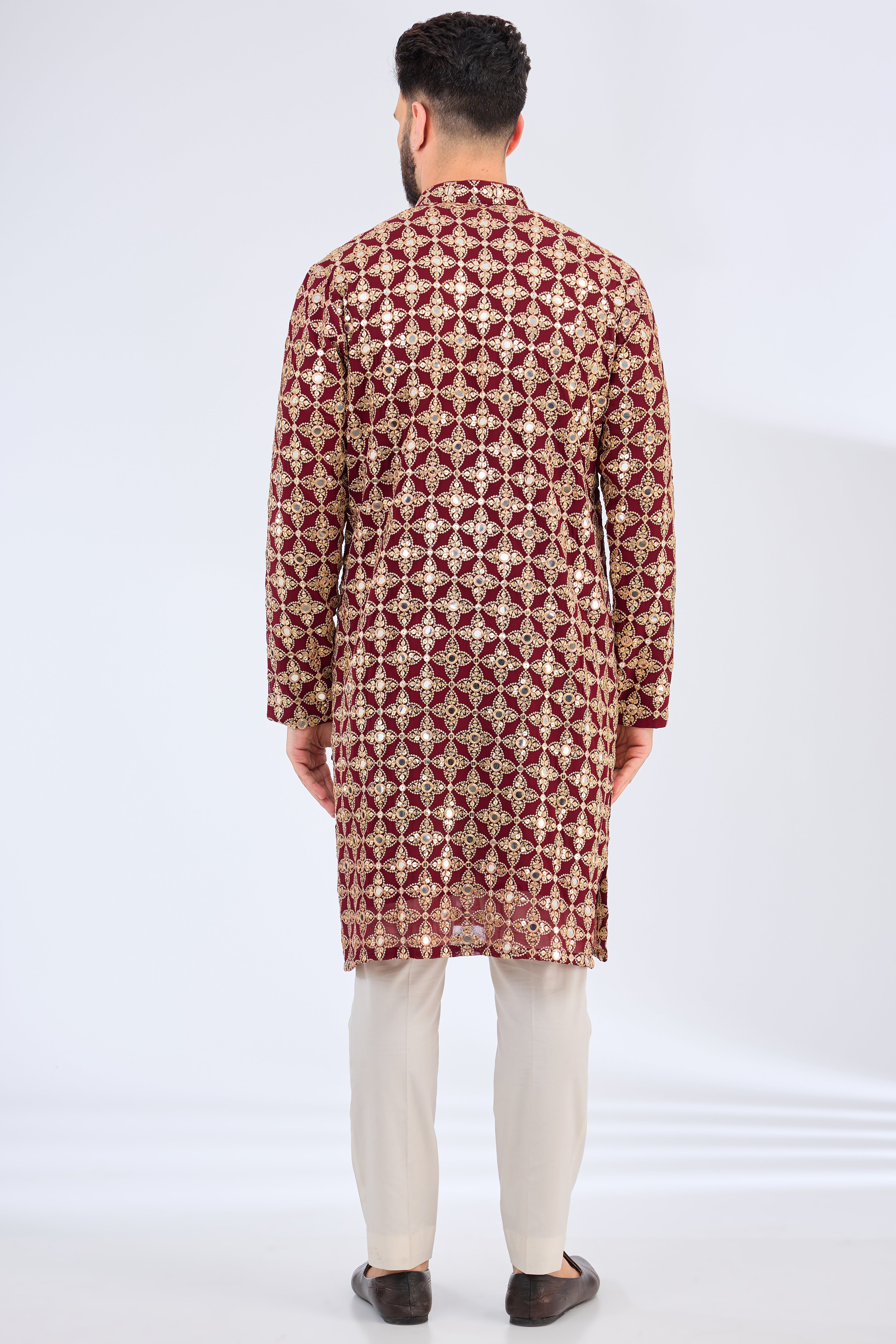 Elegant Maroon Mirror Work Kurta with Zari Embroidery - Traditional Indian Ethnic Wear for Festivals & Weddings