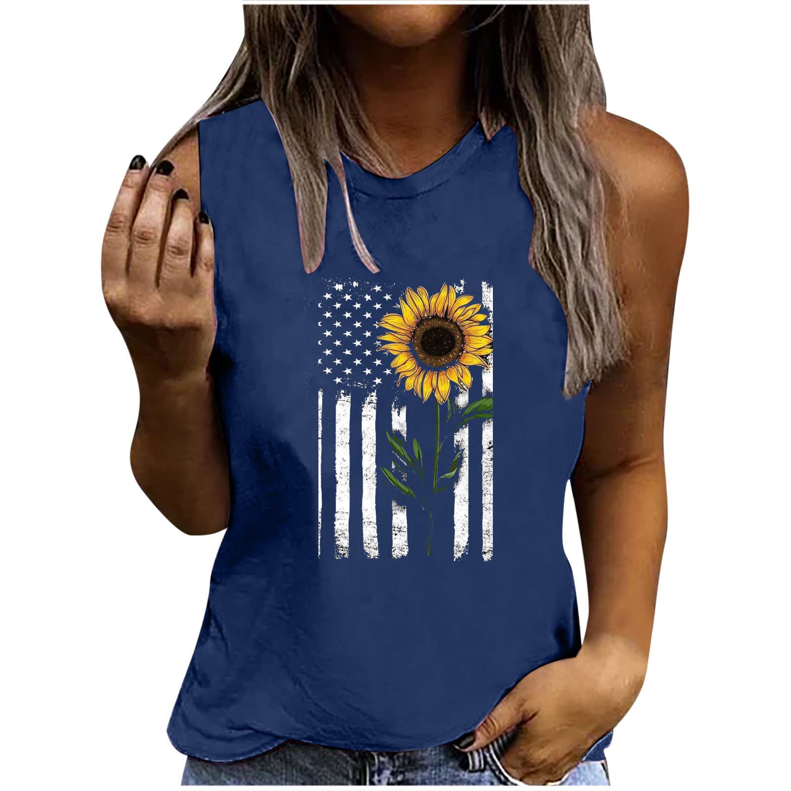 4th of July 2022 Sleeveless Sweatshirt for Women - Summer Casual Crewneck Loose T-Shirt with Print Design 32706 | Perfect for BBQ Parties, Beach Outings & Patriotic Celebrations
