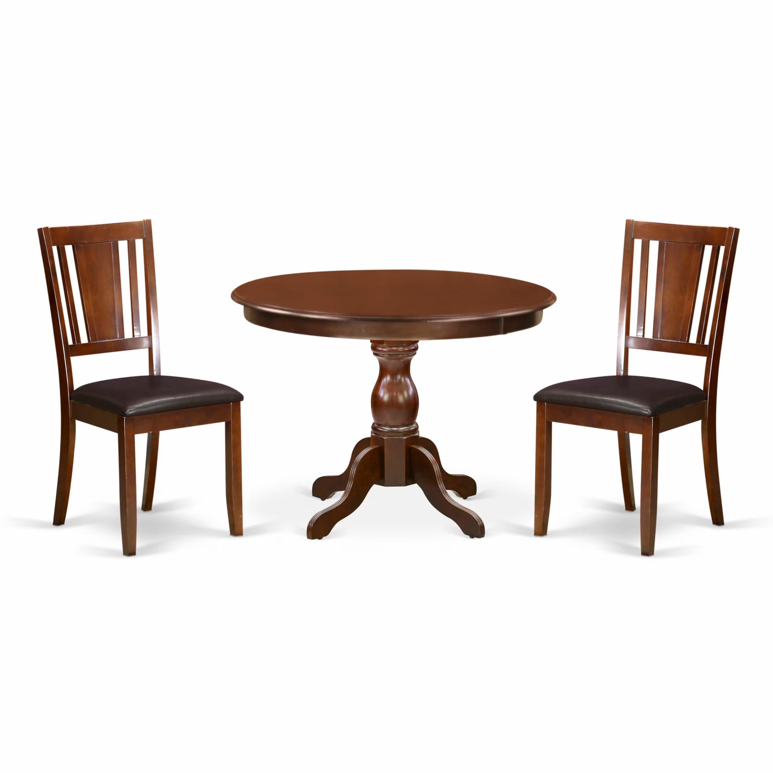 East West Furniture HBDU3-MAH-C 3-Piece Round Dining Set with Pedestal Table & 2 Upholstered Chairs, 42x42 Inch, Mahogany - Perfect for Small Kitchens, Breakfast Nooks and Cozy Dining Spaces