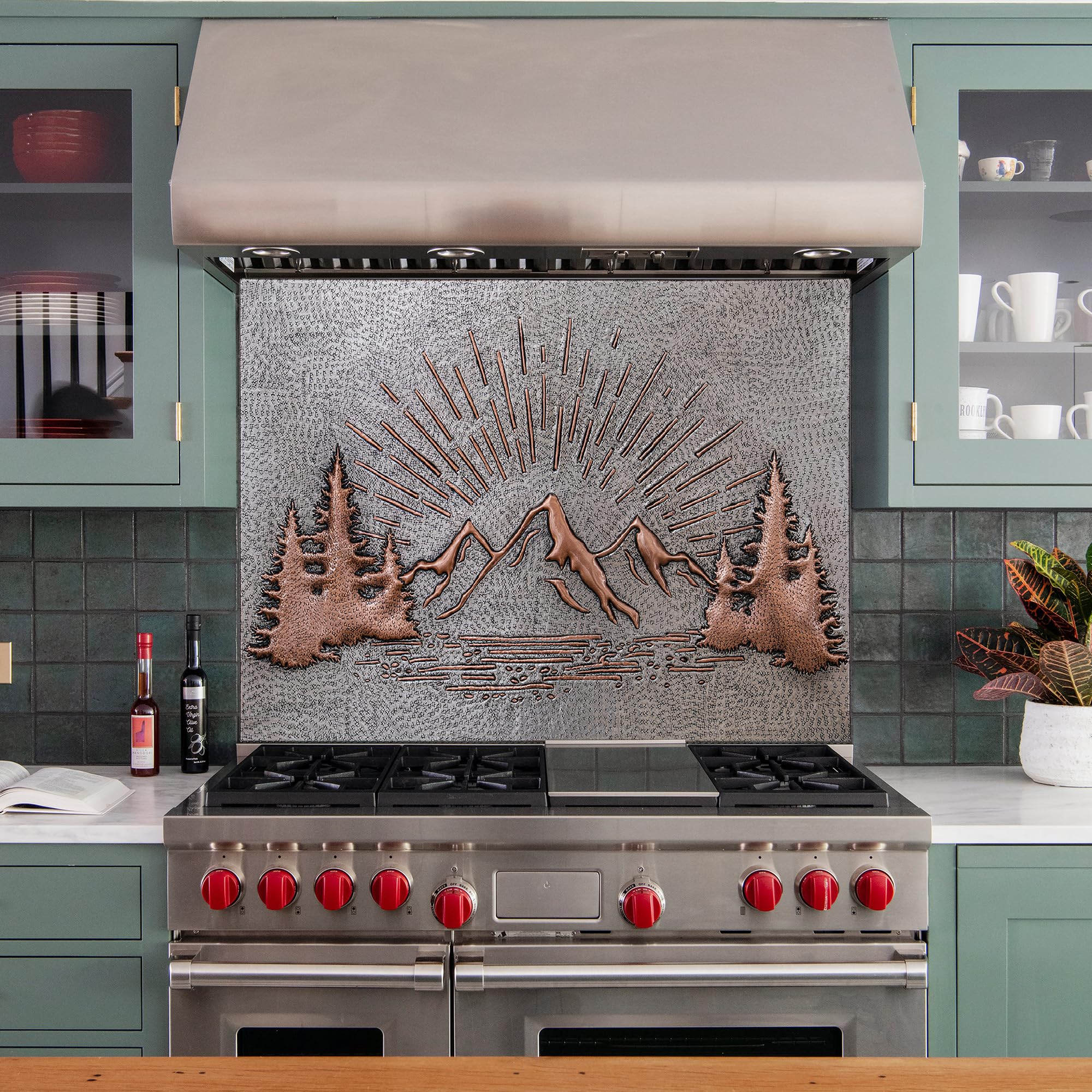 Handmade Copper Kitchen Backsplash Tile - Mountain Sunrise Design, Nature-Inspired Copper Backsplash Panel for Indoor/Outdoor Wall Decor (Gray & Copper) | Perfect for Kitchen Remodel, RV, and Outdoor Living Spaces