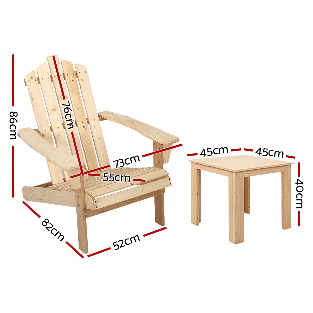 3PC Natural Wood Adirondack Outdoor Table and Chairs Set - Patio, Garden, Beach Furniture for Relaxing in Backyard or Seaside