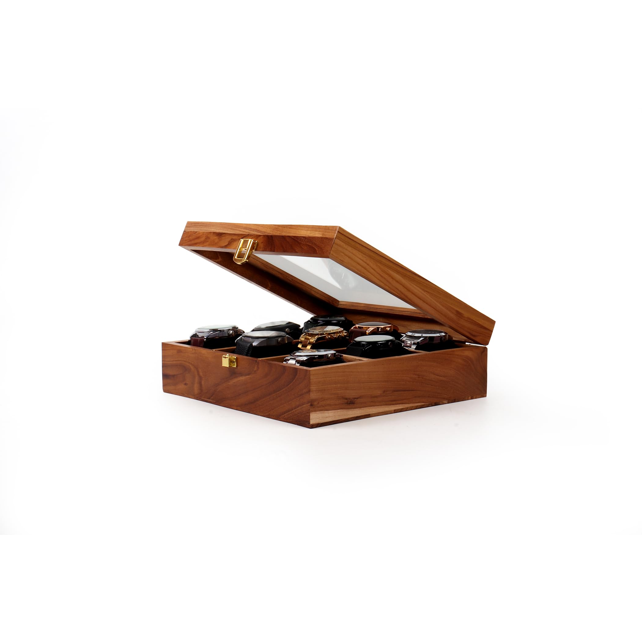 Premium Teakwood Watch Box with Lid - 3/6/9/12 Slot Watch Display Case & Jewelry Storage Organizer - Handcrafted Wooden Key Storage Box - Perfect Gift for Men & Women - Ideal for Watch Collectors, Jewelry Organization & Home Décor (9 Slots)