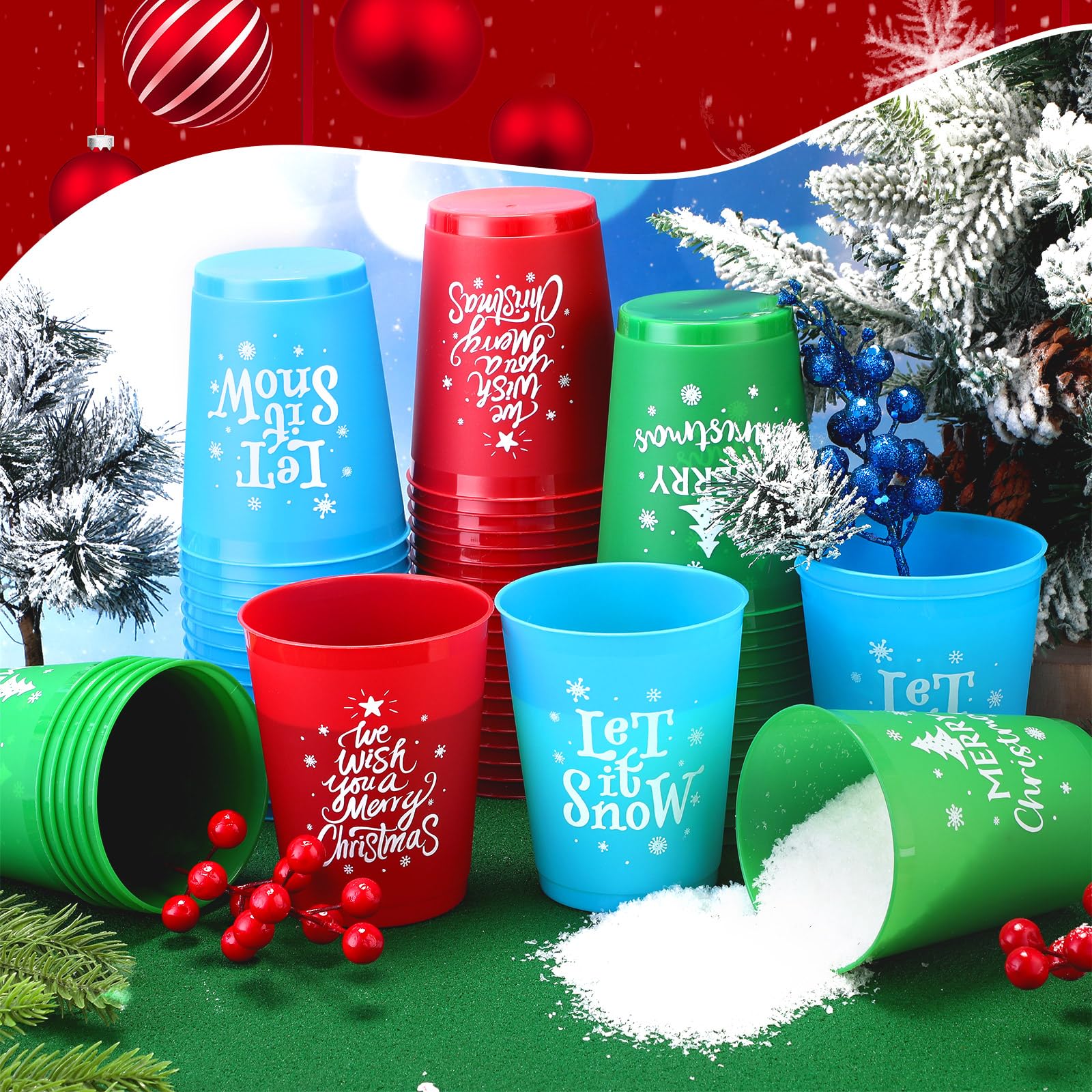 60 Pcs 16oz Reusable Christmas Plastic Cups - Merry Xmas Coffee Mugs for Hot Chocolate, Beer & Ice Cream - Classic Holiday Party Supplies for Christmas, New Year & Winter Celebrations (Great for Office Parties, Family Gatherings & Festive Decorations)