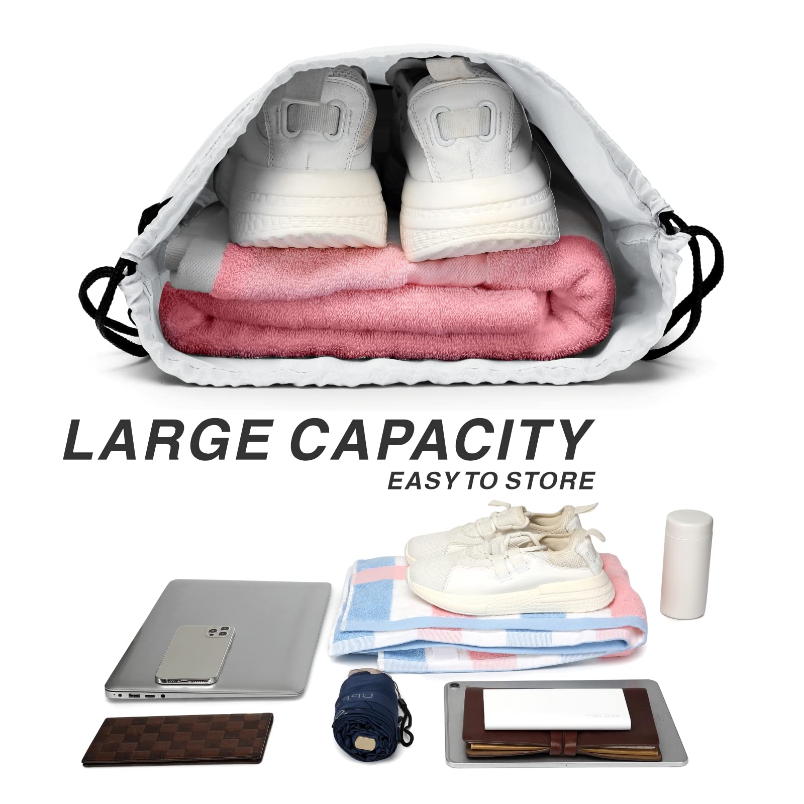 Lightweight Drawstring Backpack - 210D Nylon Foldable Gym Bag with Zipper Side Pocket for Men & Women | Perfect for Sports, Travel, School & Outdoor Activities (White)