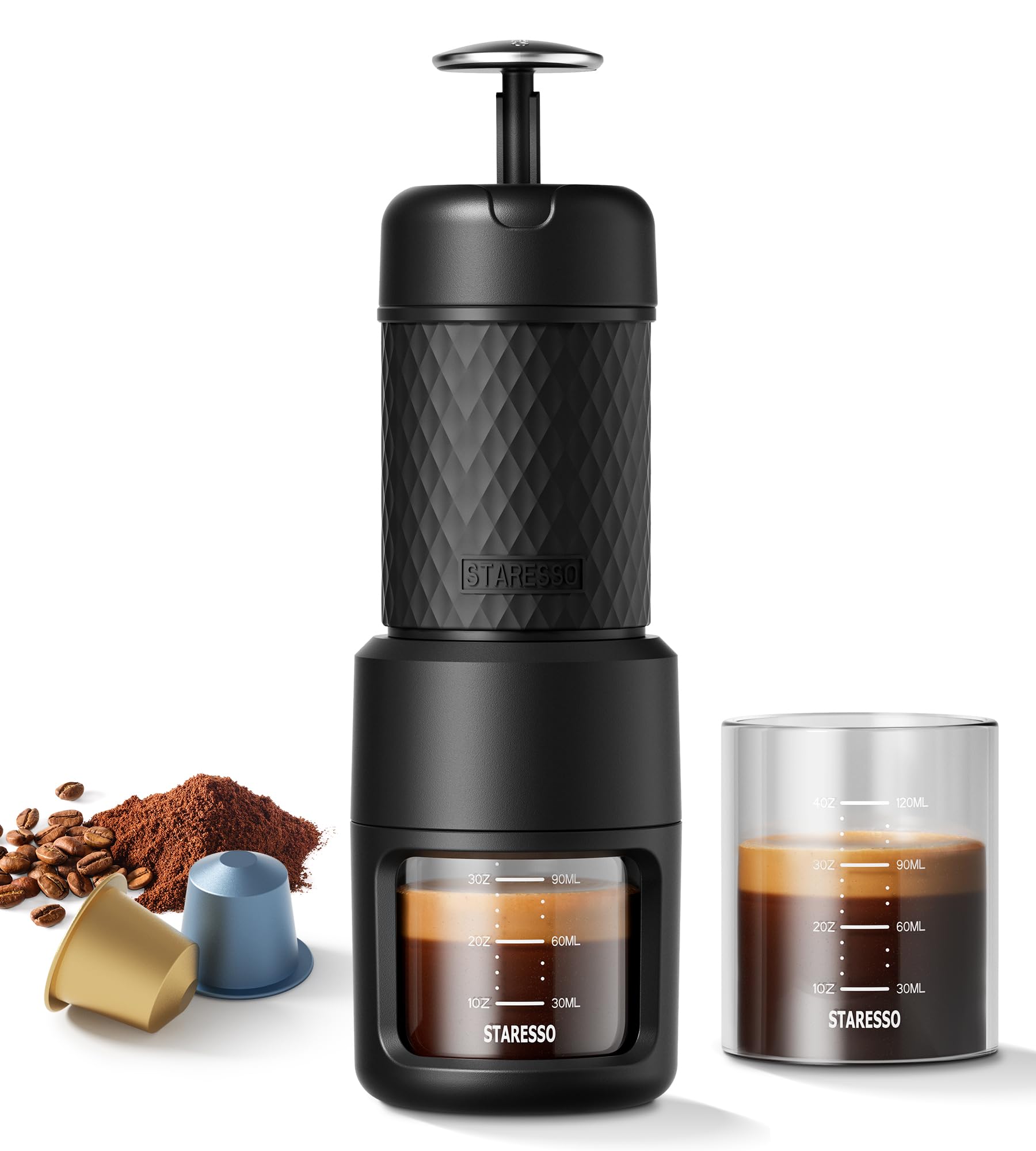 STARESSO Classic Portable Espresso Maker - 2-in-1 Travel Coffee Machine for Ground Coffee & Nespresso Pods | Manual Stainless Steel Espresso Maker for Camping, Hiking, Office & Home Use