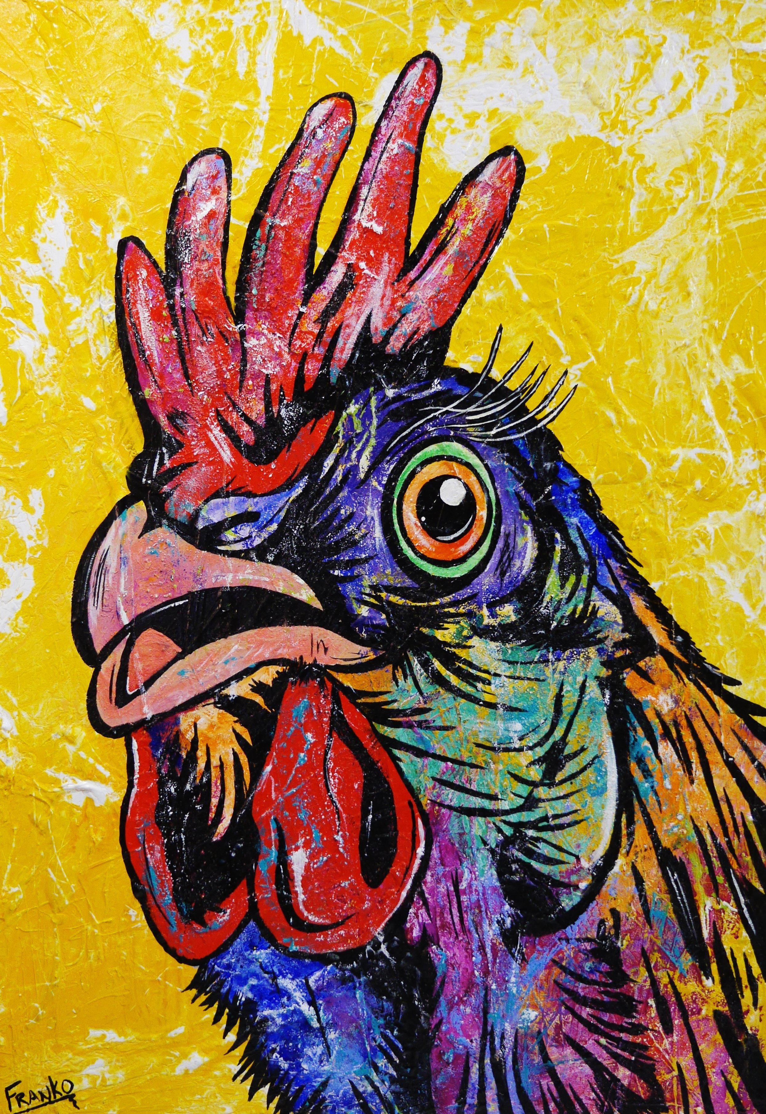 Vibrant Rooster Pop Art Painting - 140cm x 100cm Yellow Cock Wall Decor for Modern Home & Office | Unique Kitchen & Dining Room Artwork