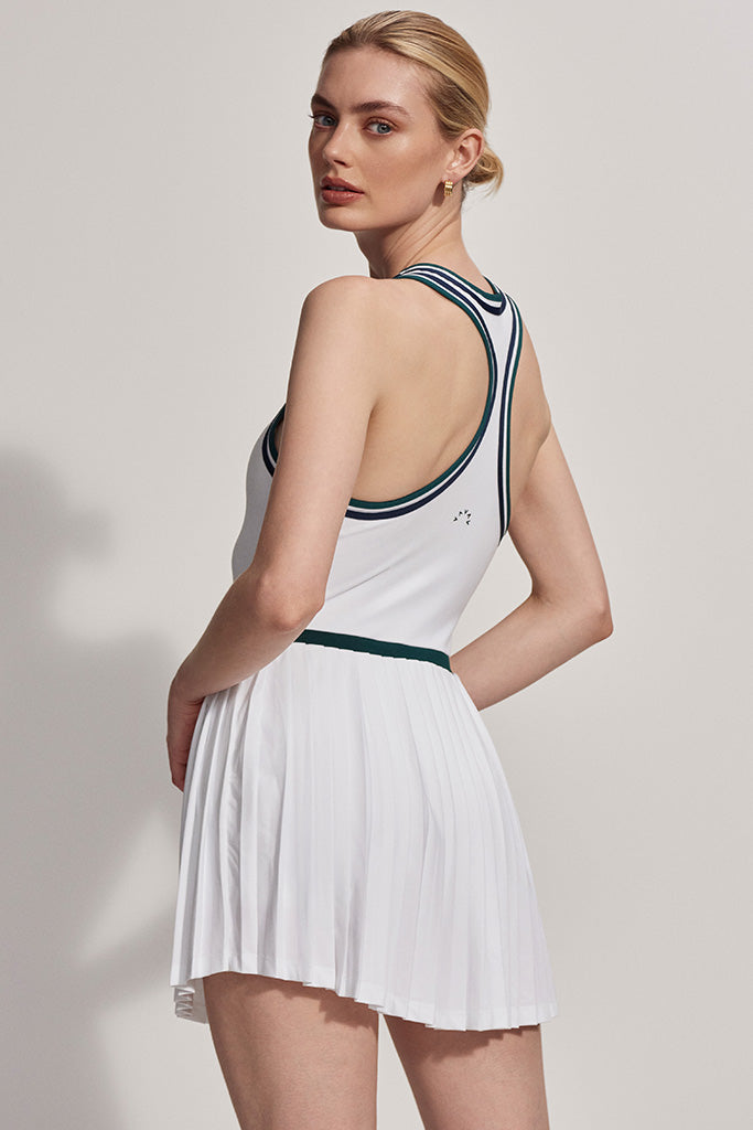 Varley Jane Court Dress - Elegant White & Forest Green Midi Dress for Women | Perfect for Weddings, Parties & Formal Events