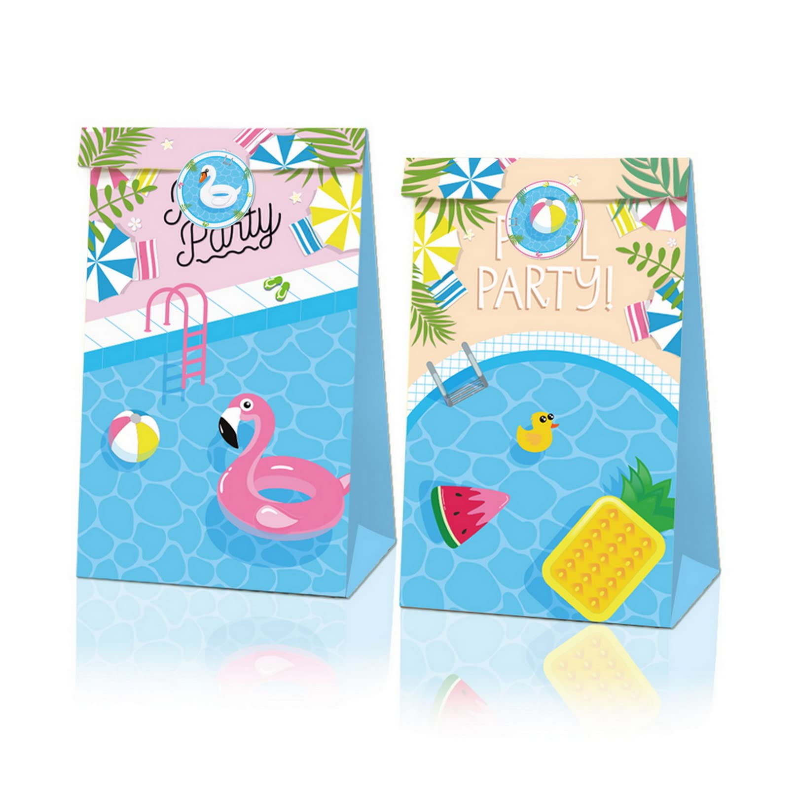 COSFAN 12 Pack Summer Pool Beach Paper Gift Bags - Tropical Hawaiian Luau Party Decorations, Swimming Pool Theme Treat Bags for Candy & Favors with Stickers | Perfect for Pool Parties, Beach Events & Summer Celebrations