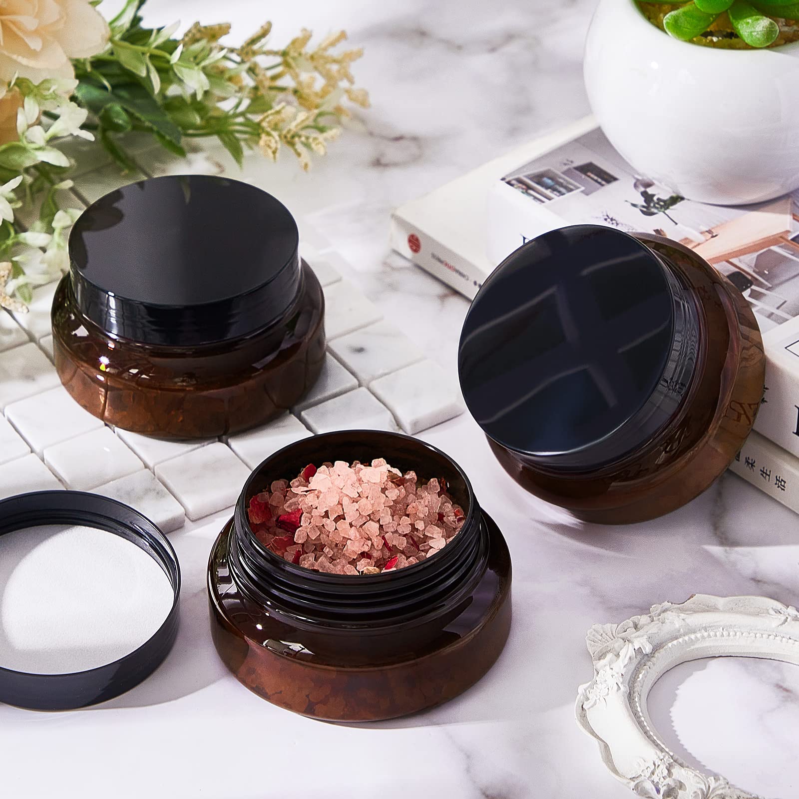 36 Pack 5 oz Amber Plastic Cosmetic Jars with Lids & Labels - Travel-Friendly Refillable Containers for Lotions, Body Scrubs, Creams & DIY Beauty Products - Perfect for Home, Salon & On-the-Go Use