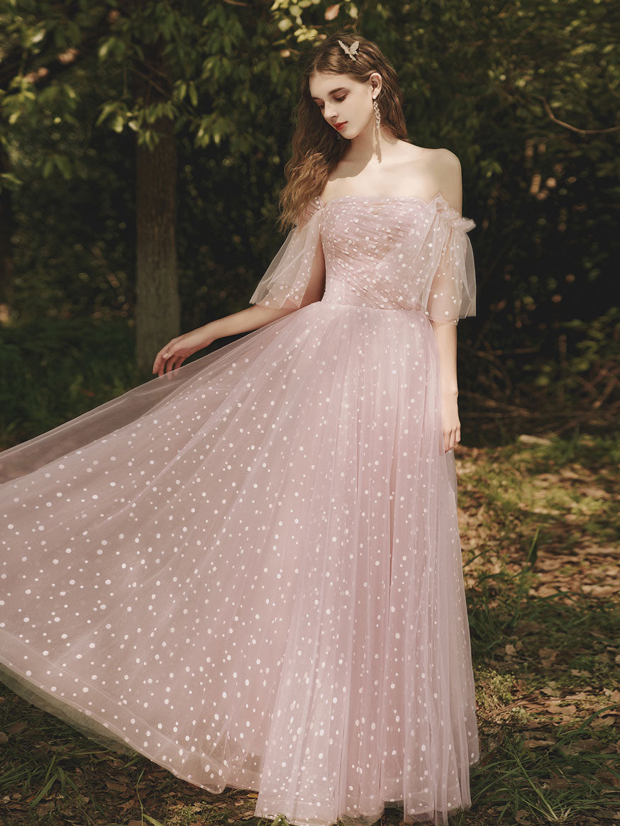 Elegant Pink Tulle Long Prom Dress with Off-Shoulder Neckline - Formal Graduation Gown for Women | Perfect for Homecoming, Quinceañera & Special Occasions