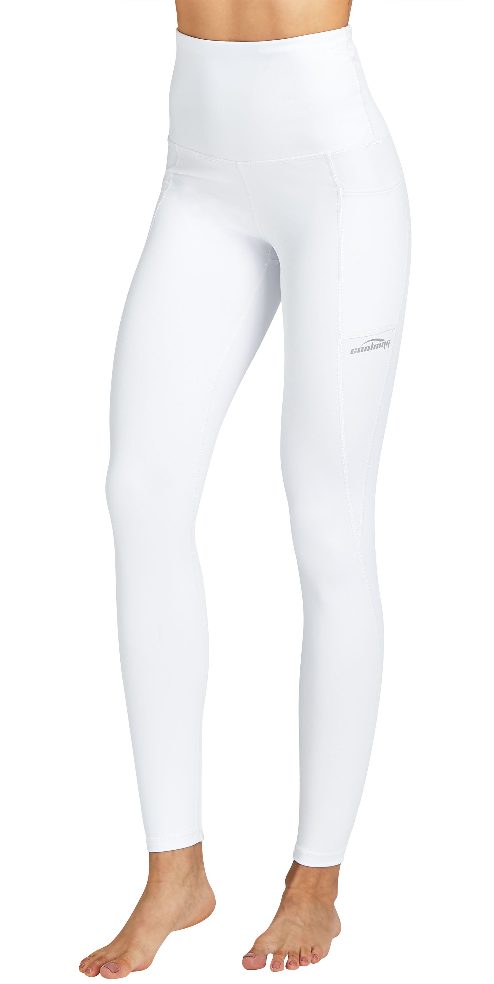COOLOMG Women's High Waisted Yoga Leggings with Side Pockets - White - Perfect for Yoga, Gym, Running & Lounge Wear