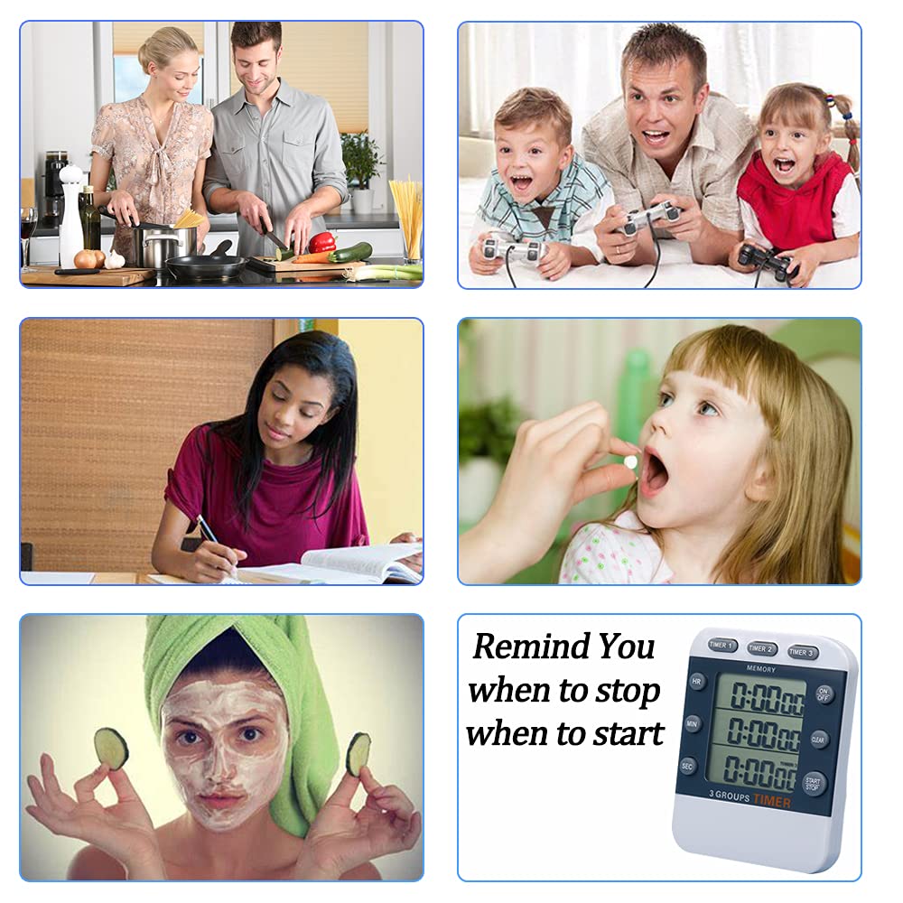 Digital Dual Kitchen Timer with 3 Channels - Count Up/Down, Triple Cooking Timer, Large Display & Loud Alarm - Magnetic Back, Stand, Battery Included (M382) - Perfect for Baking, Meal Prep & Multitasking in the Kitchen