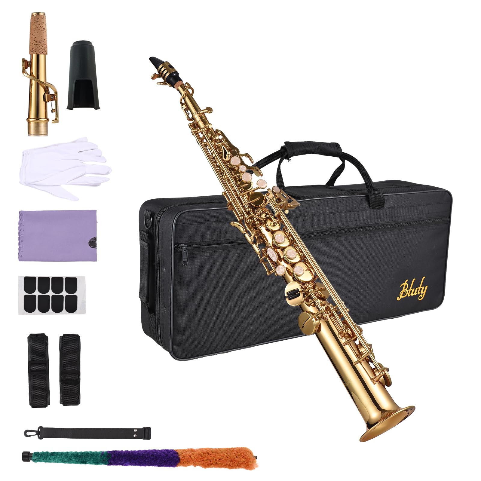 Professional Bb B Flat Soprano Saxophone - Brass Woodwind Instrument for Beginners & Pros with Natural Shell Keys, Carrying Case, Gloves, Cleaning Cloth, Straps & Rod | Perfect for Jazz, Classical & School Band Performances