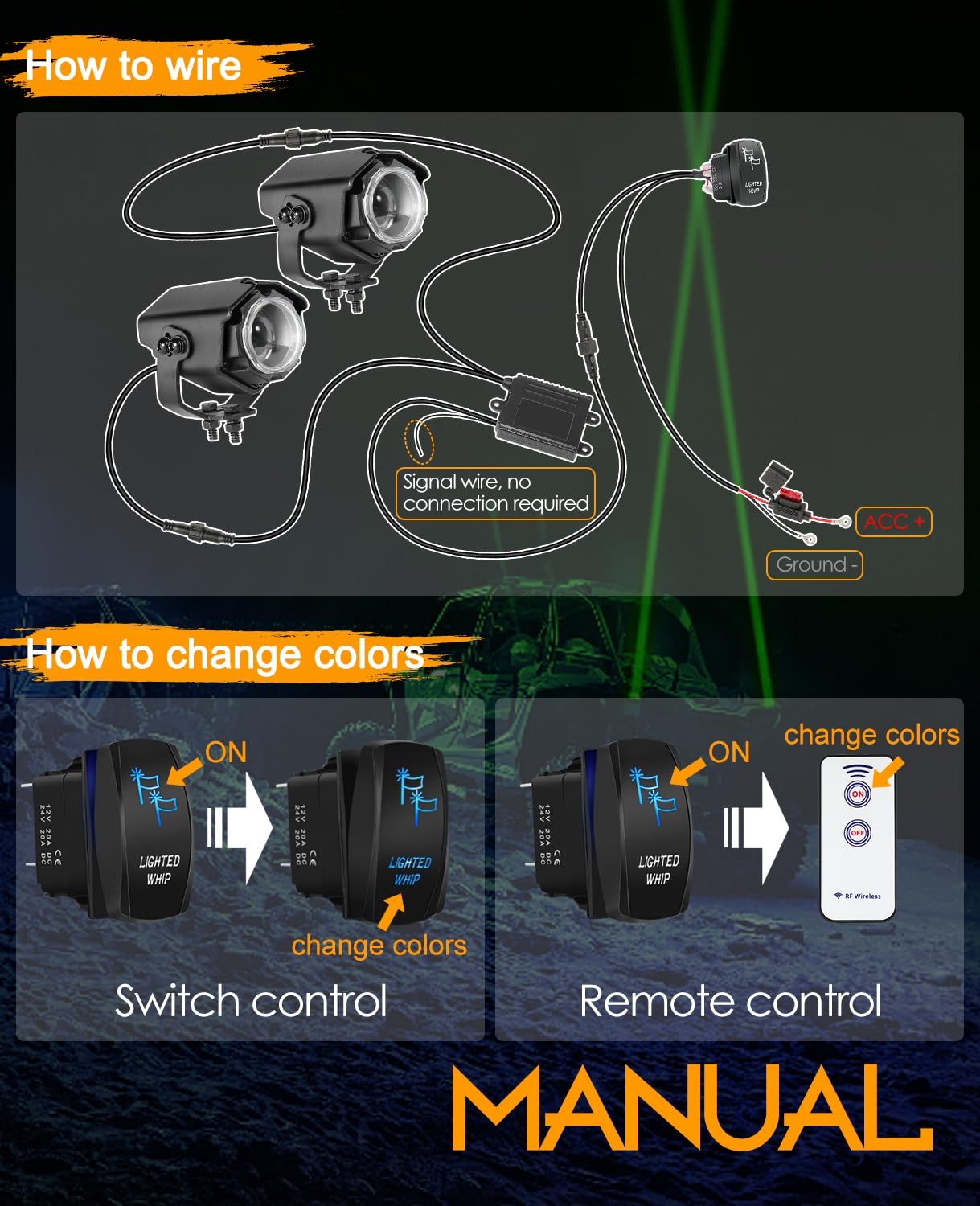 Nirider RGB LED Whip Lights for SXS, UTV, ATV, RZR, Can-Am, Dune Buggy, Truck & Boat - Remote Controlled Whipless Pods with Multi-Color Chase Effects (2 Pack - Red/Green/Blue/White) - Perfect for Off-Roading, Night Rides & Vehicle Customization