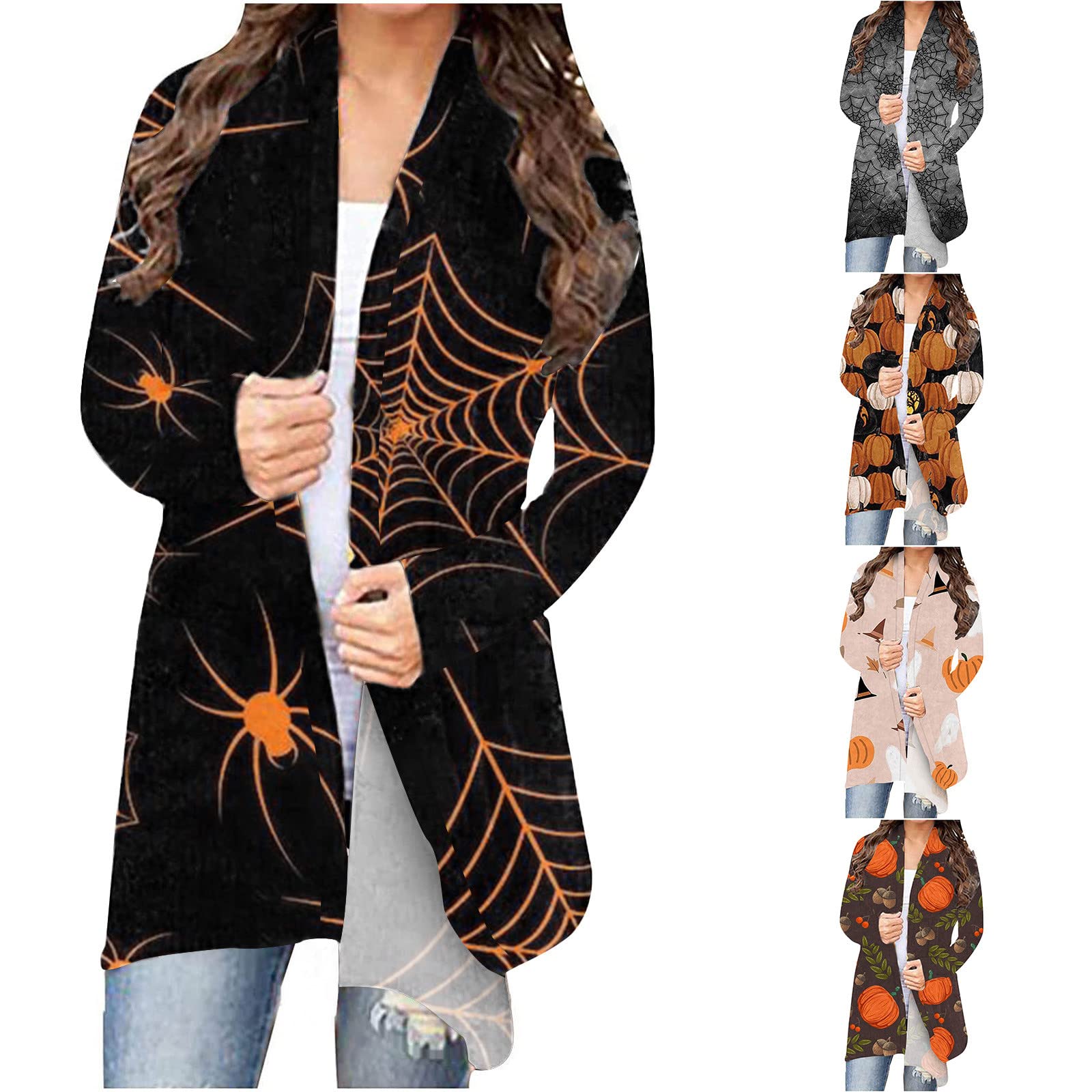 Women's Lightweight Halloween Print Cardigan Sweater - Long Sleeve Open Front Plus Size Coat for Winter | Cozy Fall Layering & Halloween Costume Outfit