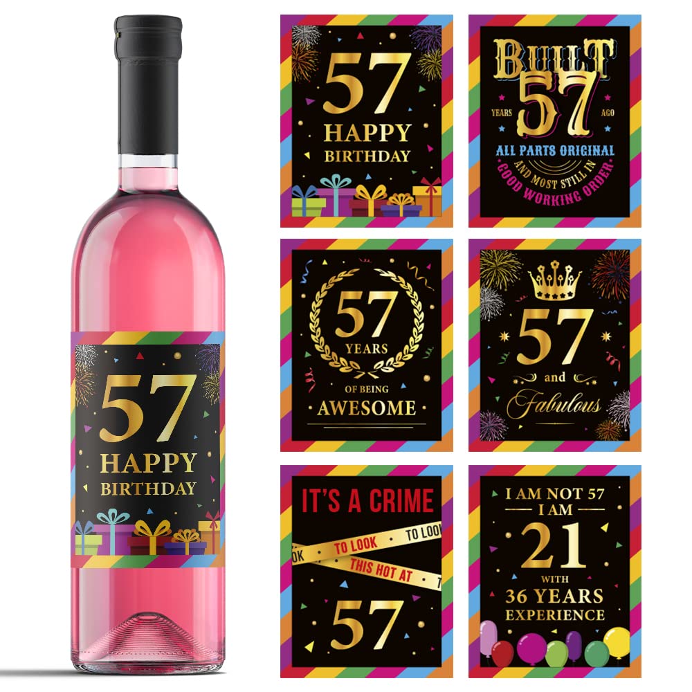 57th Birthday Wine Bottle Labels - Set of 6 Personalized Wine Stickers for 57 Year Old Birthday Party Decorations | Perfect for Anniversary Gifts, Wine Bottle Decor & Celebration Supplies | Great for Birthday Parties, Retirement Celebrations & Special Occasions