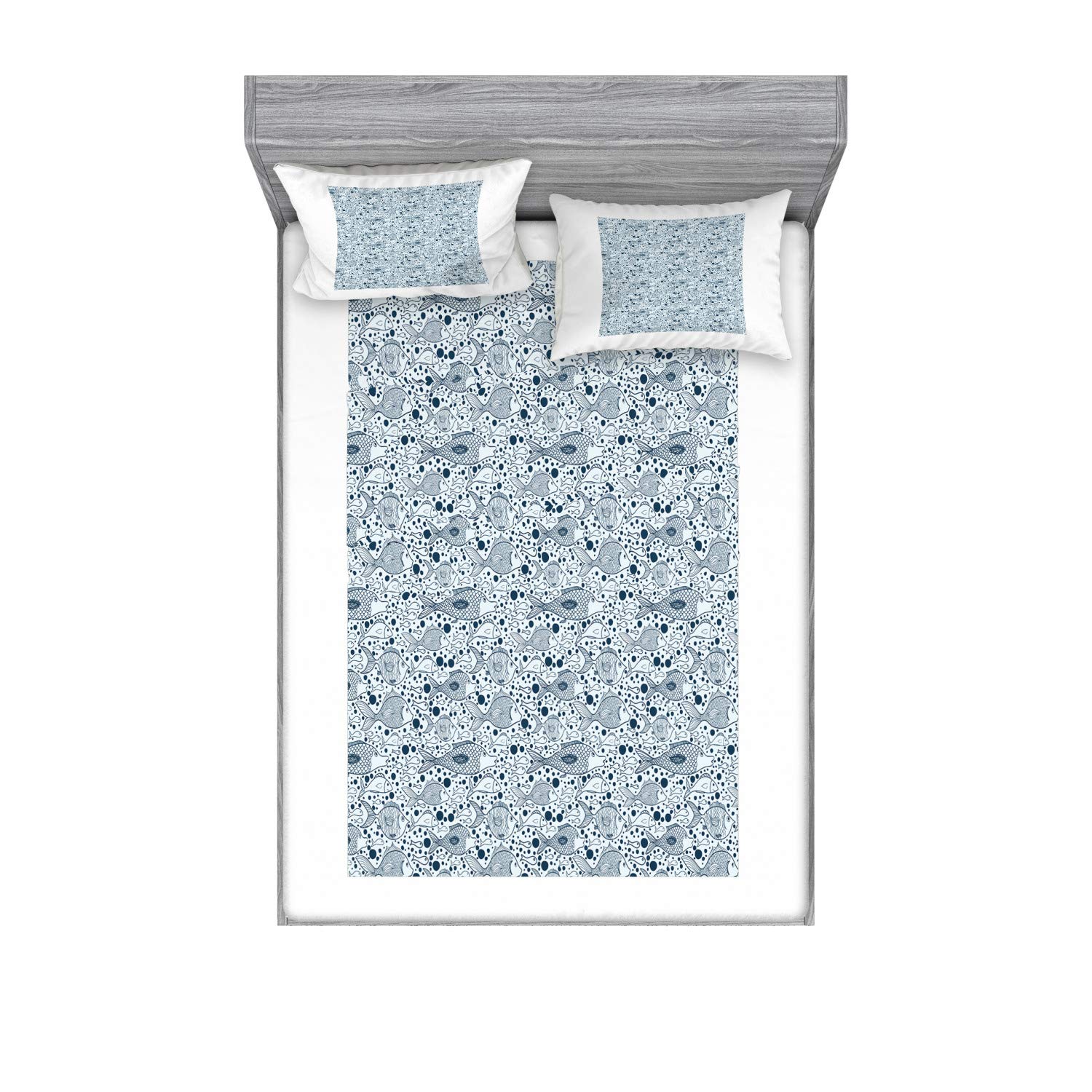 Ambesonne Blue Fitted Sheet & Pillow Sham Set - Underwater Sea Life with Fish and Bubbles Funky Art Print, Full Size 3-Piece Bedding Set for Coastal & Nautical Themed Bedrooms - Perfect for Kids Rooms, Beach Houses, and Ocean Lover Decor