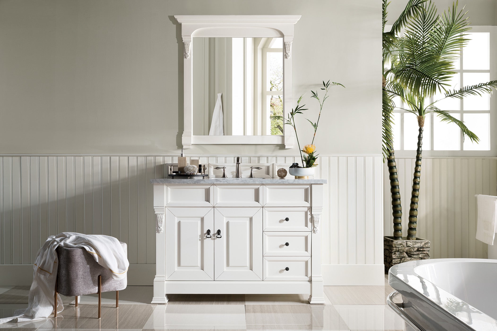 Brookfield 48 Inch Single Bathroom Vanity with 3CM Carrara Marble Top in Bright White - Perfect for Modern Master Bathrooms & Guest Bathroom Renovations