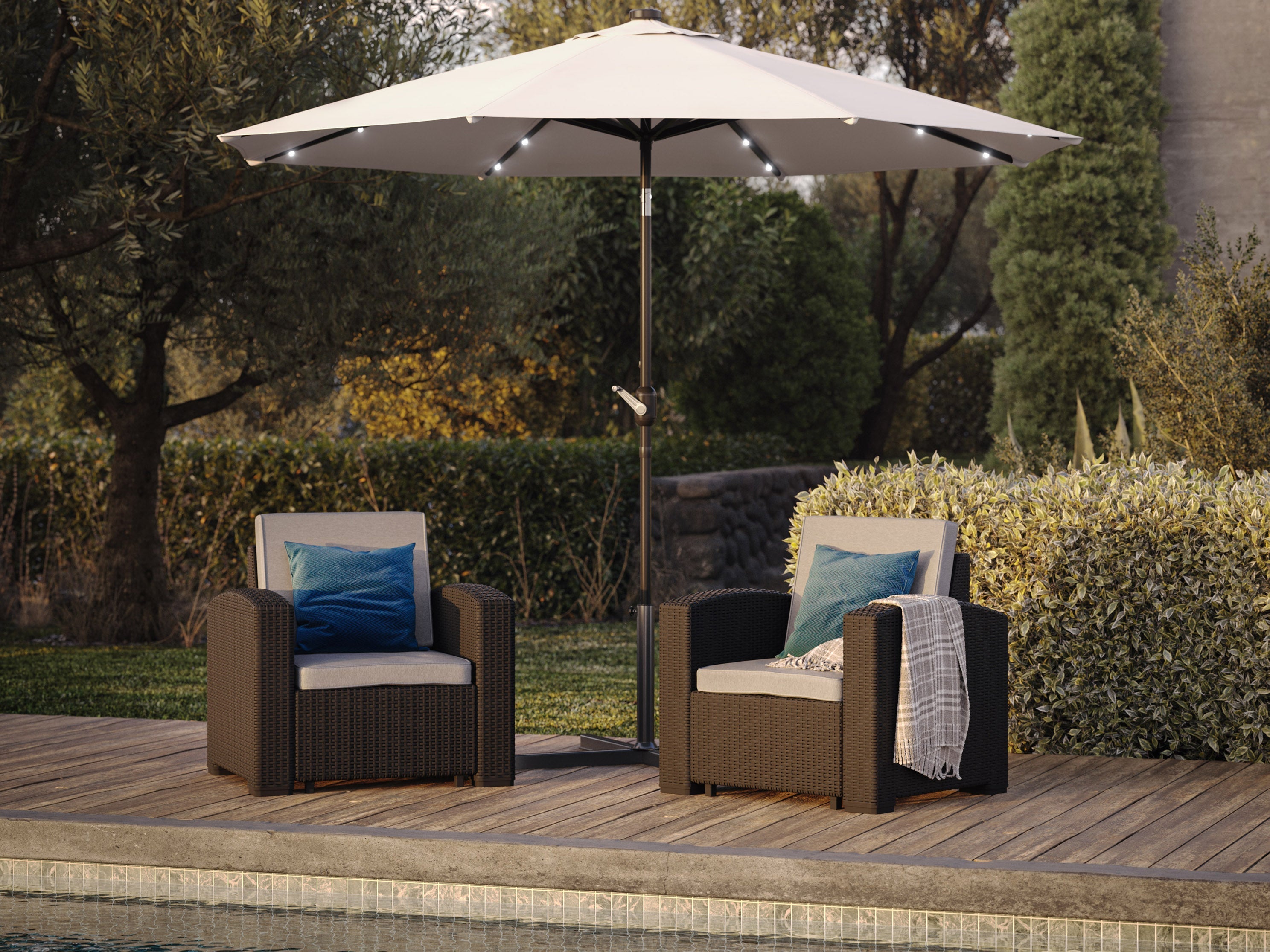 9ft White Outdoor Patio Umbrella with LED Lights - Waterproof Cantilever Market Umbrella for Poolside, Garden, Deck & Backyard Relaxation
