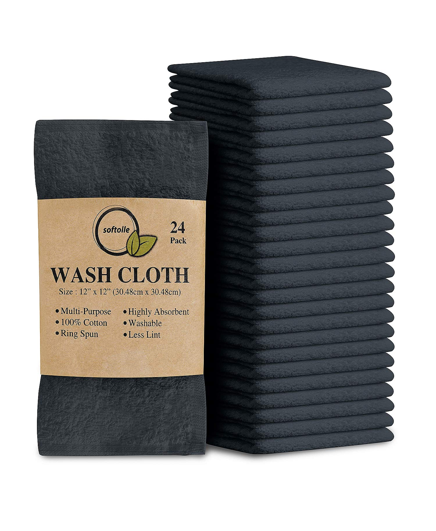 Premium 100% Cotton Ring Spun Washcloths - Bulk Pack of 24 Soft & Absorbent Face Towels (12x12 Inches, Grey) | Ideal for Spa, Baby Care, Makeup Removal & Daily Skincare Routine