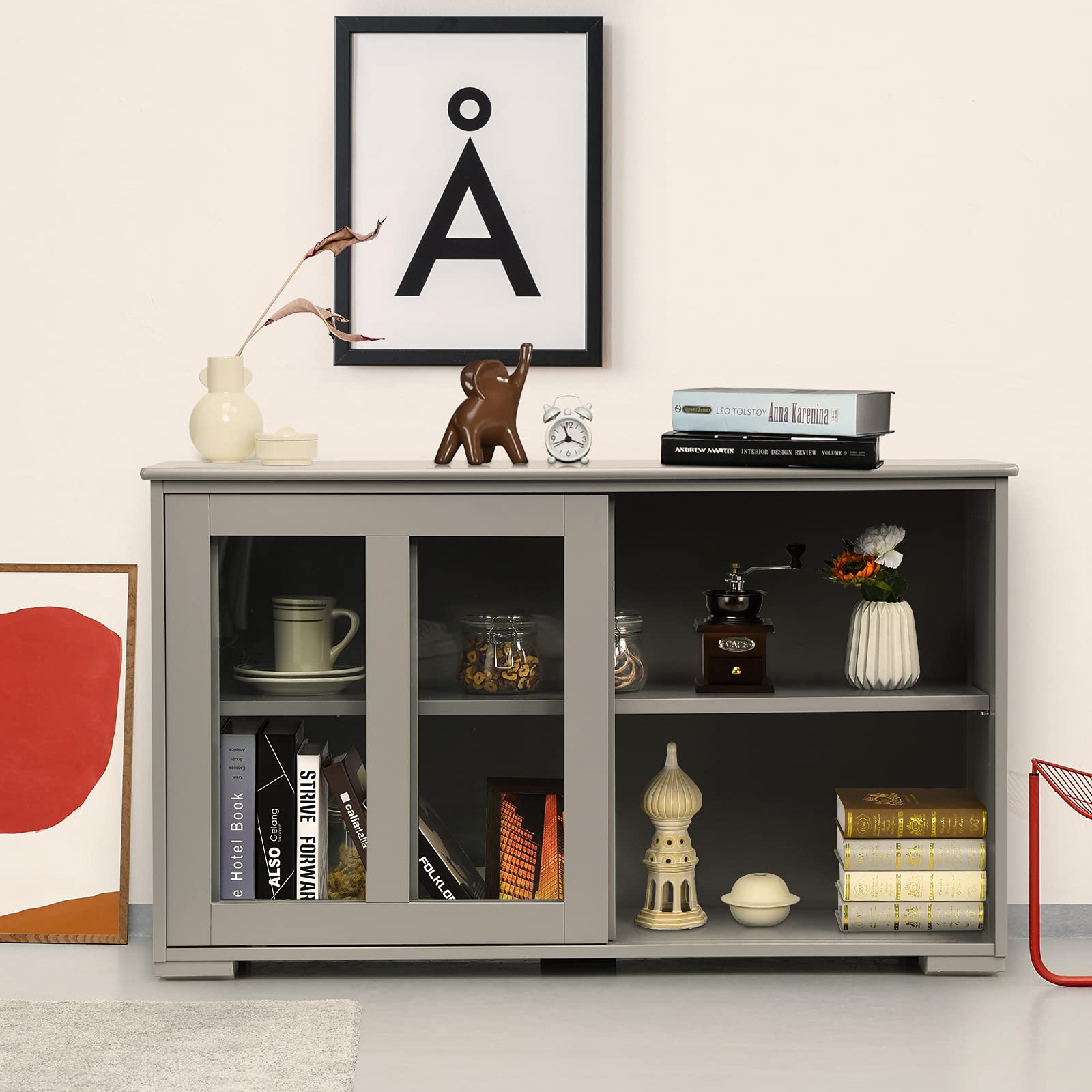 Giantex Modern Wood Buffet Sideboard with Sliding Doors - Adjustable Shelf Storage Cabinet, Kitchen Cupboard & Dining Room Credenza - Perfect for Living Room, Pantry Organization & Home Decor (Gray)