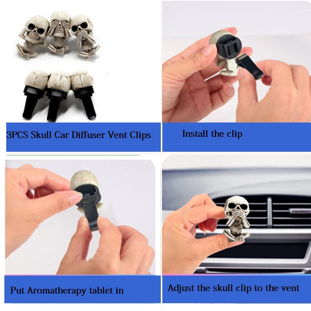 3 Pack Skull Car Fragrance Diffuser - Human Body Skeleton Aromatherapy Vent Clips, Resin Car Interior Decor for Men & Women, Perfect for Halloween, Birthday Gifts, and Everyday Car Freshening