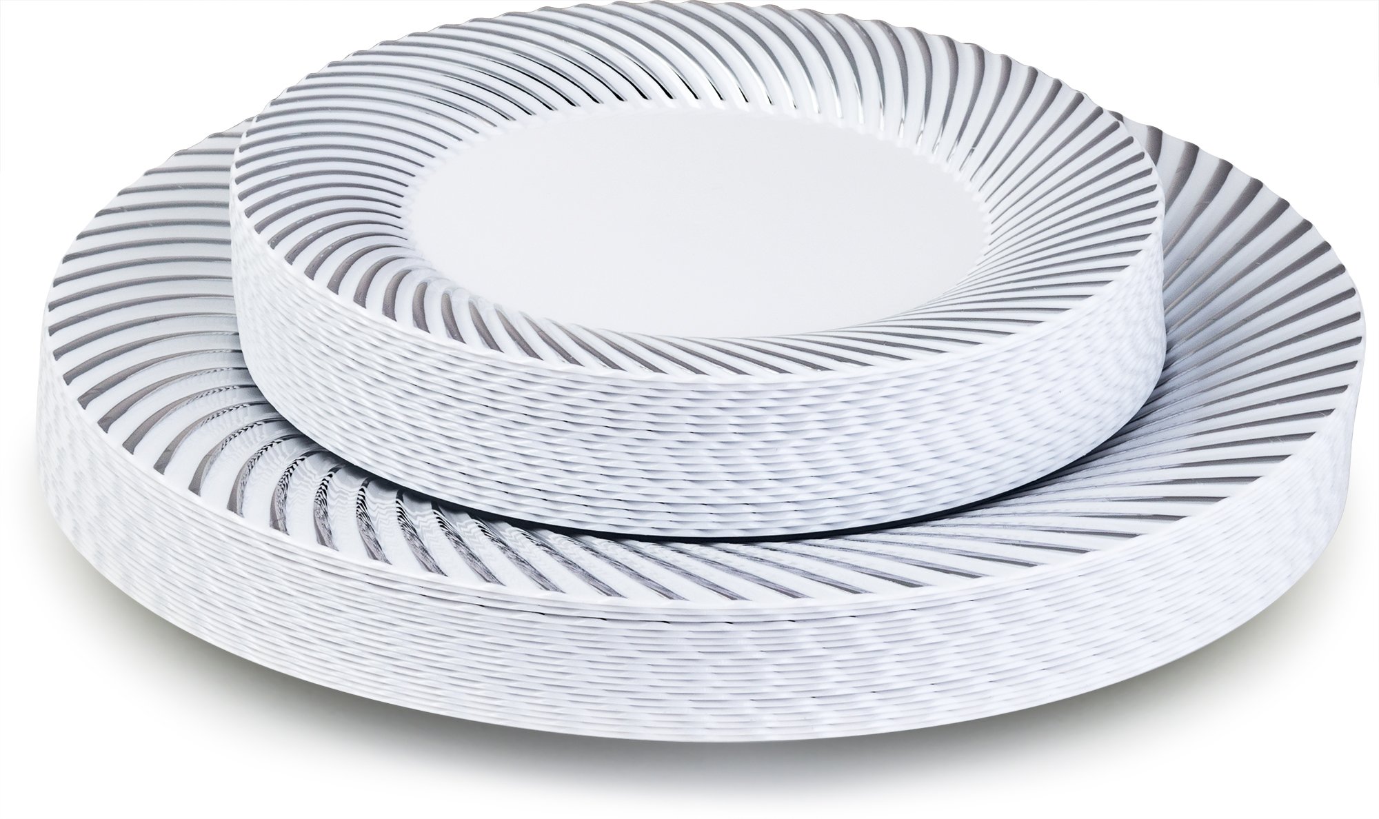 Laura Stein 40-Piece Premium Plastic Dinnerware Set - White with Silver Rim (20 Dinner Plates 10.75