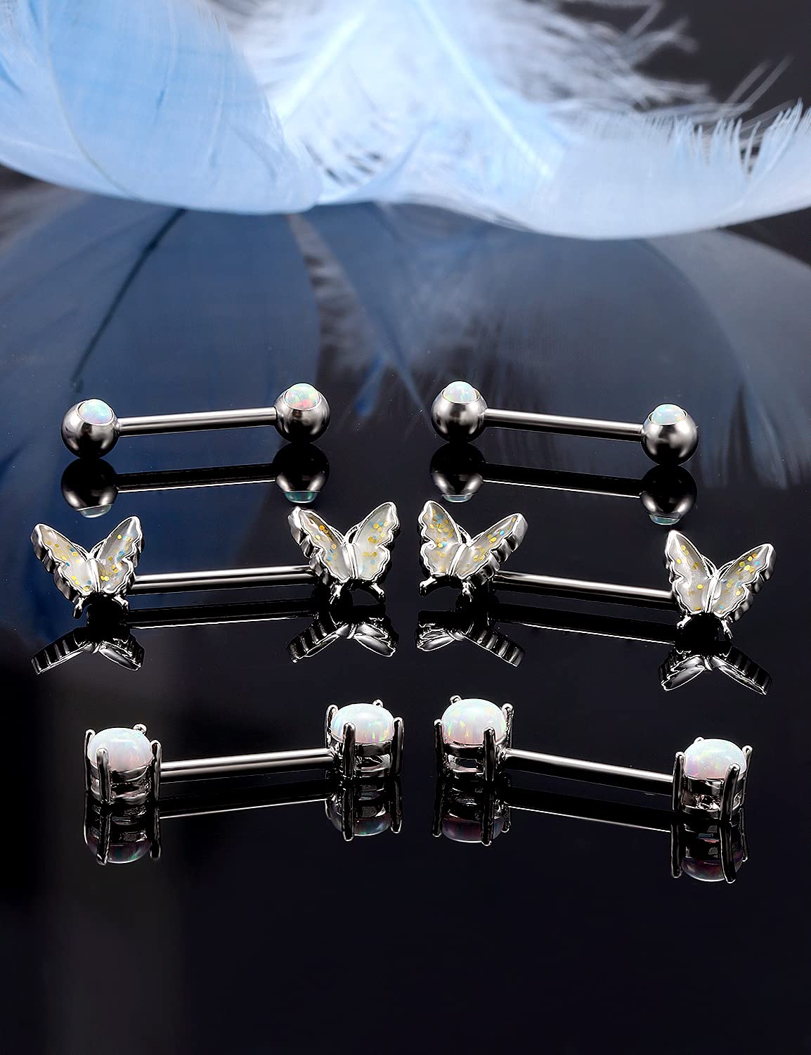 Vsnnsns 14G Stainless Steel Butterfly Nipple Rings with Opal - Surgical Steel Straight Bar Barbell Piercing Jewelry for Women (3 Pairs) - Perfect for Body Piercing, Everyday Wear & Unique Style