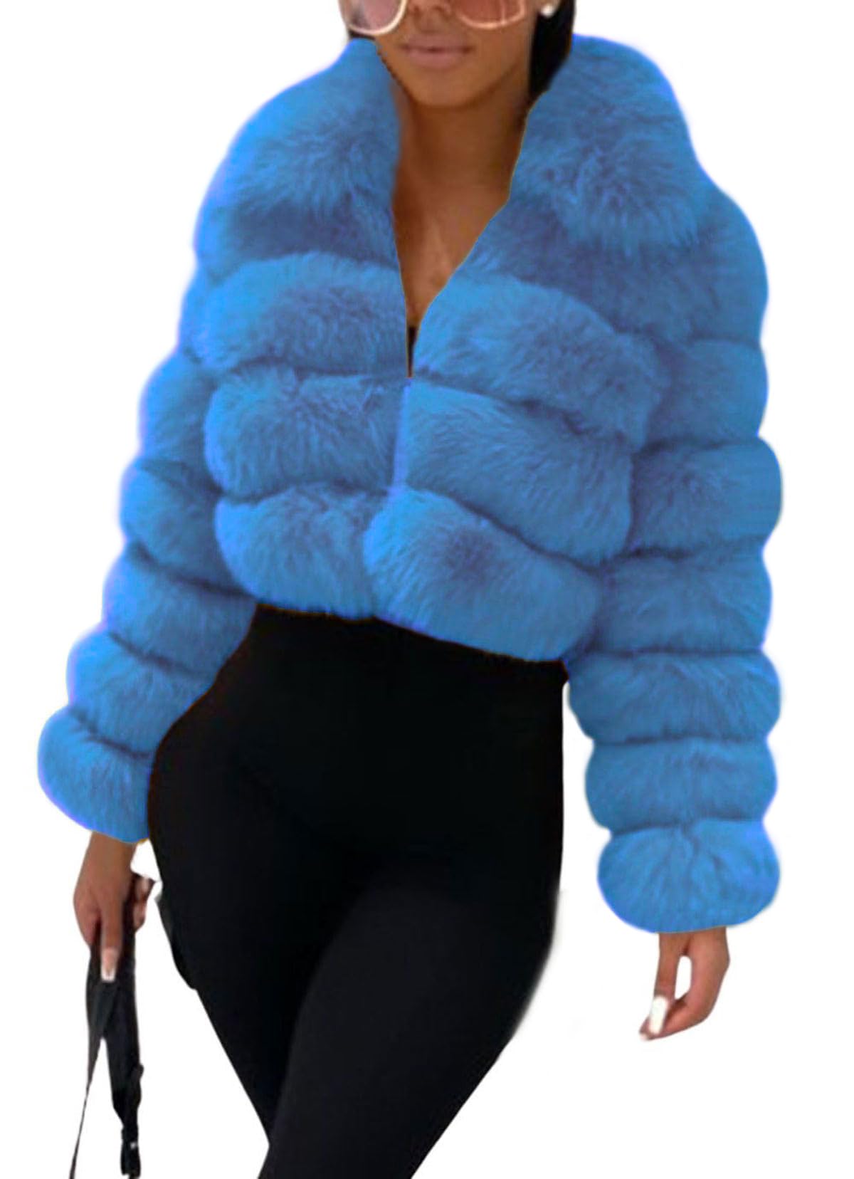 Loveimgs Women's Fluffy Faux Fur Cropped Jacket - Cozy Winter Puffer Coat with Zip Up, Warm Fuzzy Teddy Outerwear for Casual Outings & Street Style Fashion