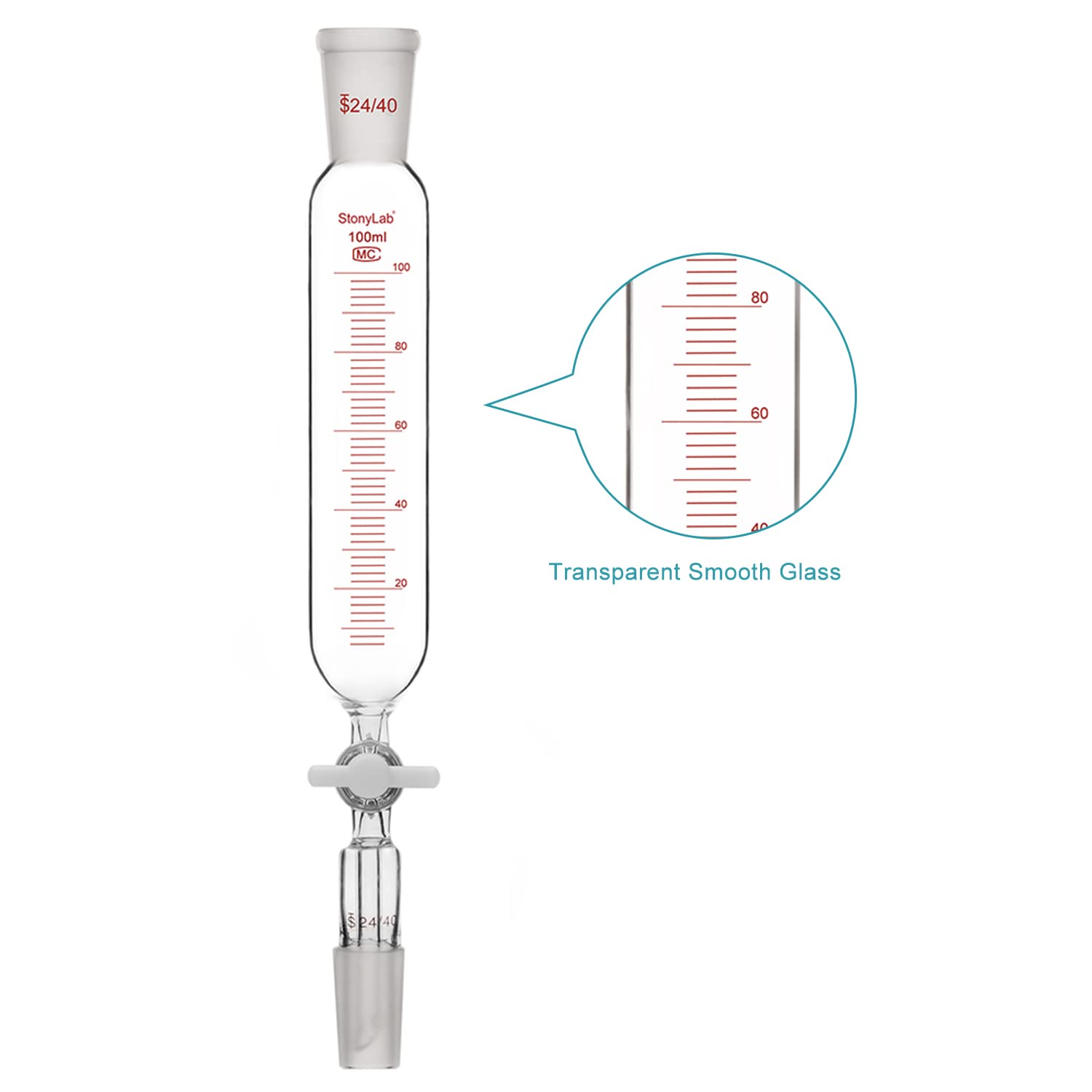 Stonylab 100ml Borosilicate Glass Pressure Equalizing Addition Funnel with PTFE Stopcock, 24/40 Joint Graduated Dropping Funnel for Chemistry Lab Experiments - Perfect for Precise Liquid Transfer in Distillation & Titration Processes