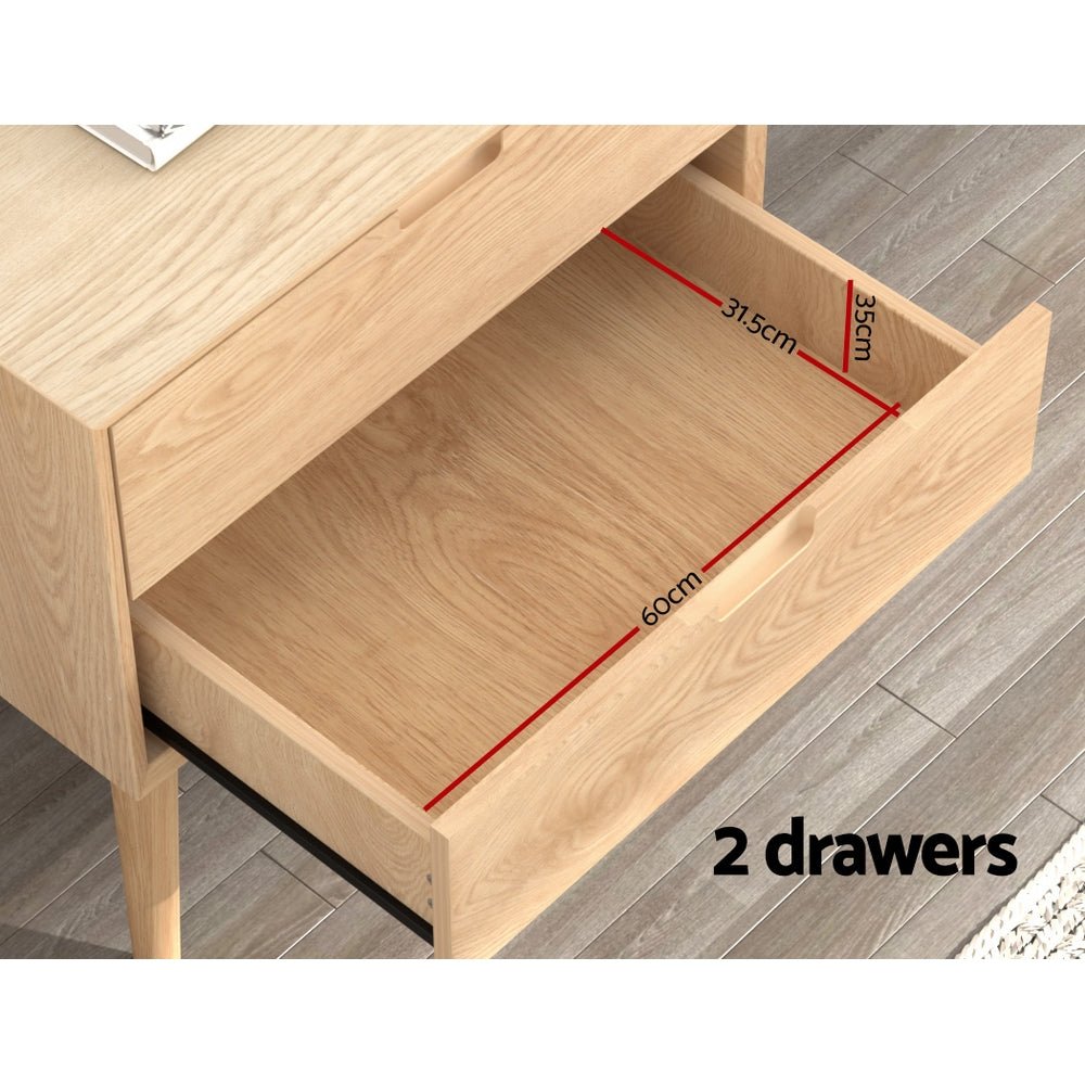 Gino Oak Bedside Table with 2 Drawers - Nightstand for Bedroom, Living Room, or Office - Compact Storage Solution with Drawers for Books, Lamps, and Essentials