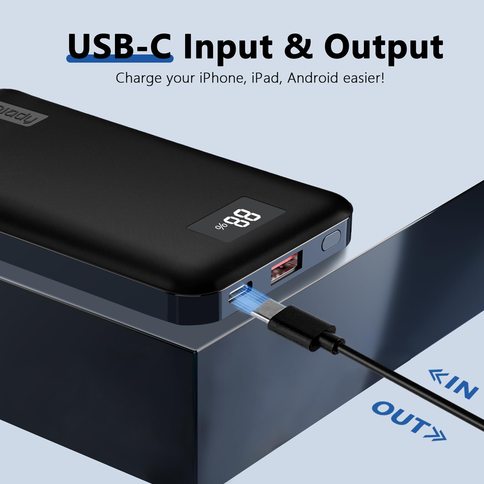 Miady 10000mAh PD 20W Fast Charging Power Bank with USB-C & LED Display - Portable Charger for iPhone 16/15/14, Samsung S24/S22, Google Pixel, iPad & Android Devices | Perfect for Travel, Camping & Emergency Backup (Black)