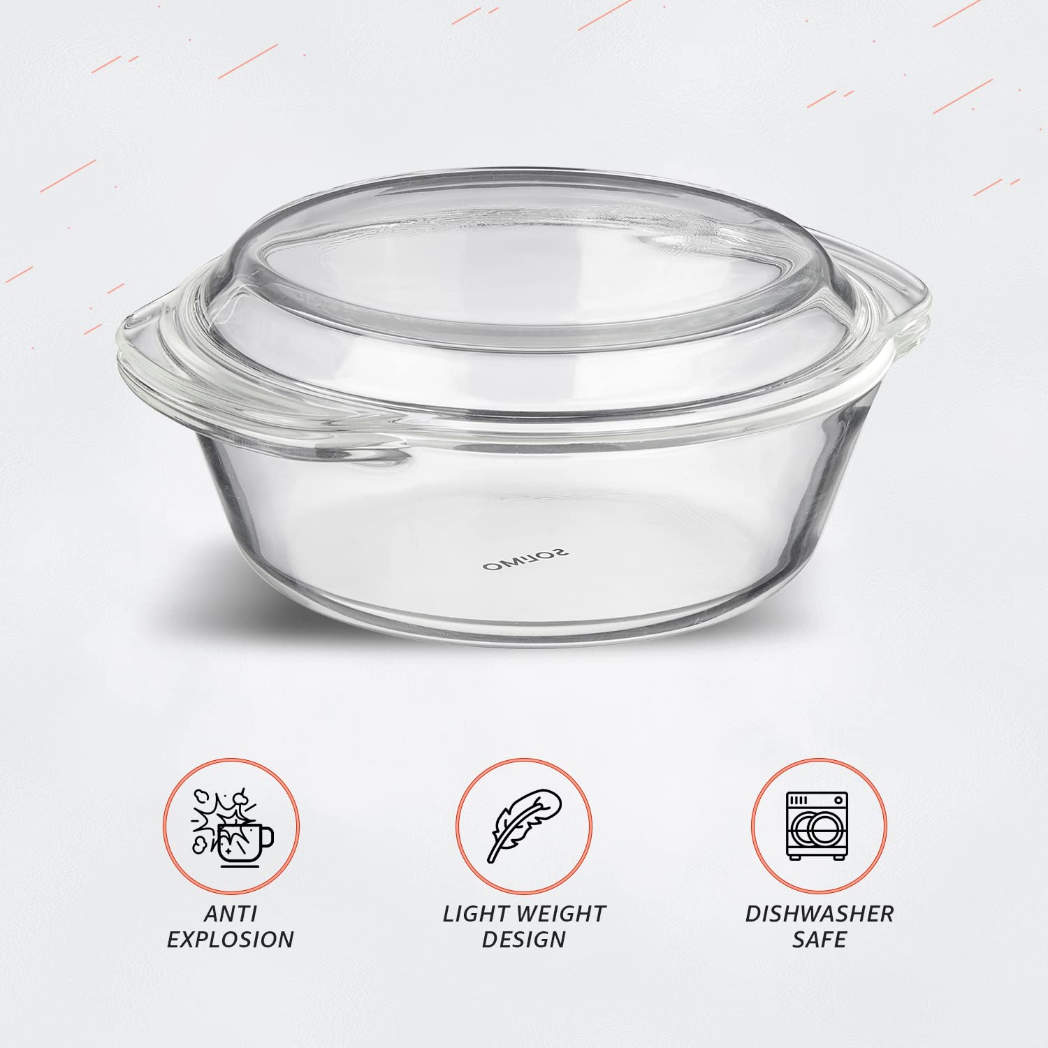 Solimo Borosilicate Glass Casserole & Serving Bowl with Lid - 2L (2000ml) Oven & Microwave Safe Deep Round Dish for Baking, Cooking & Food Storage | Perfect for Casseroles, Soups, Meal Prep & Entertaining