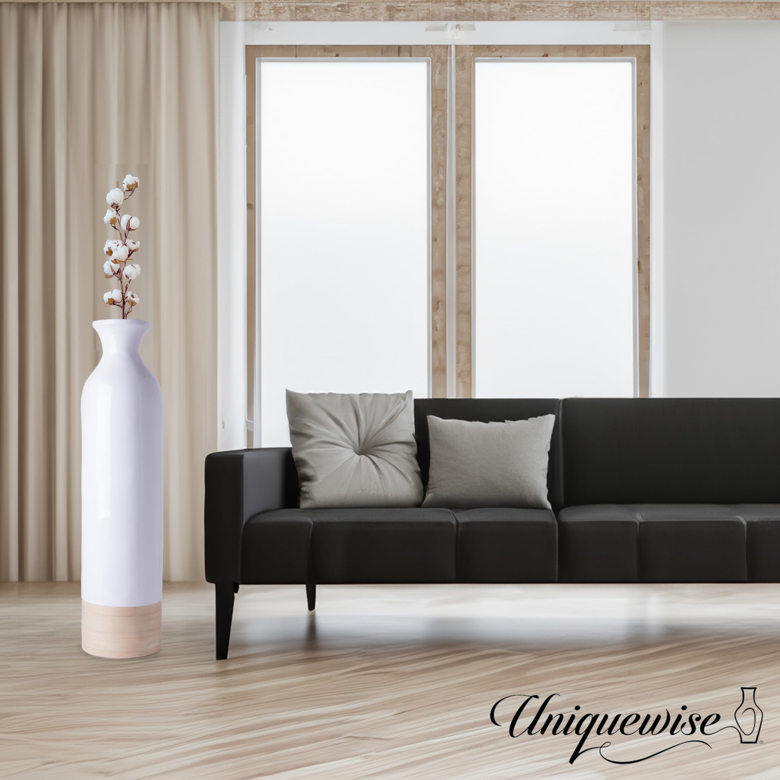 Elegant Black or White Tall Cylinder Bamboo Floor Vases - Glossy Lacquer & Natural Bamboo Finish - 31